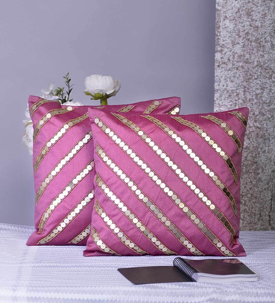 Buy Pink Striped Polyester 16 x 16 Inches Embroidered Cushion Covers ...