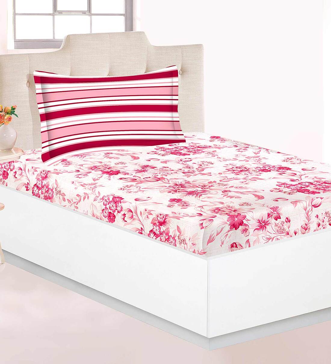 Buy Pink Floral 120 TC Polycotton Single Bedsheet With 1 Pillow Cover