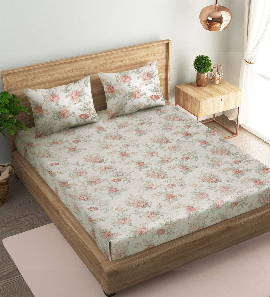 Buy Pink Floral 144 TC Cotton Single Bed Sized Bed Sheets With 1 Pillow