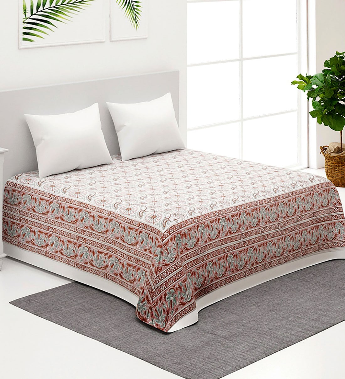 Buy Pink Floral 163 TC Cotton Double Bed Cover by Fabindia by Fabindia