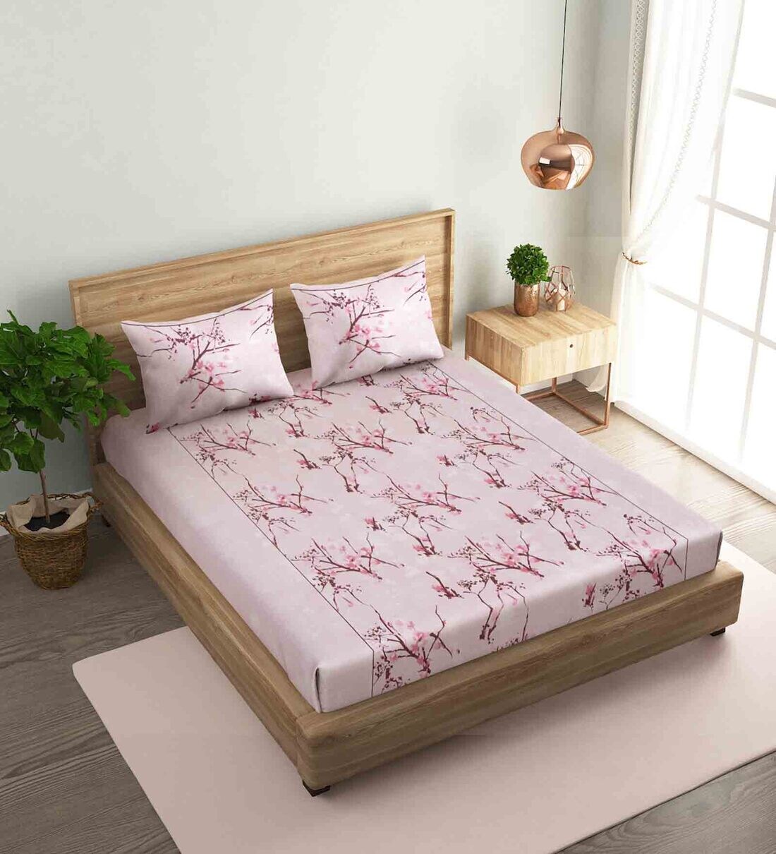 Buy Pink Floral 186 TC Cotton Single Size Bedsheet With 1 Pillow Cover by Naksh Online Floral