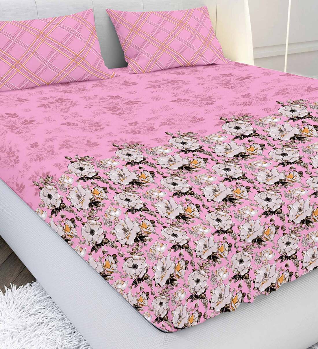 Buy Pink Floral 210 TC Cotton King Bedsheet With 2 Pillow covers Blooming Tales Collection by