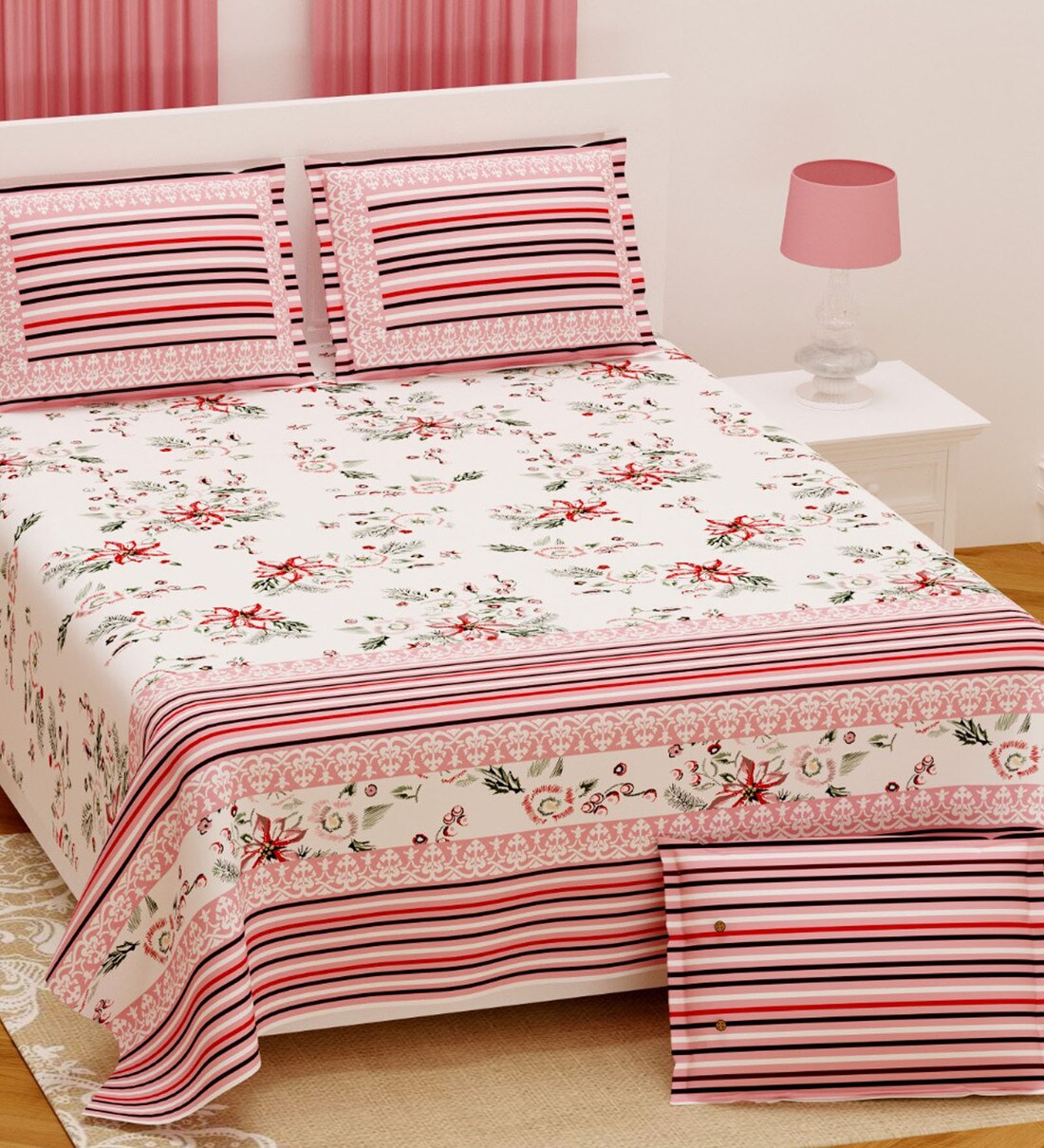 Buy Pink Floral 210 TC Cotton King Sized Bed Sheets with 2 Pillow