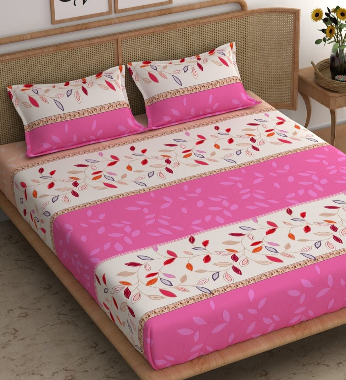 Buy Pink Floral 210 TC Microfiber Double King Size Bedsheet With 2