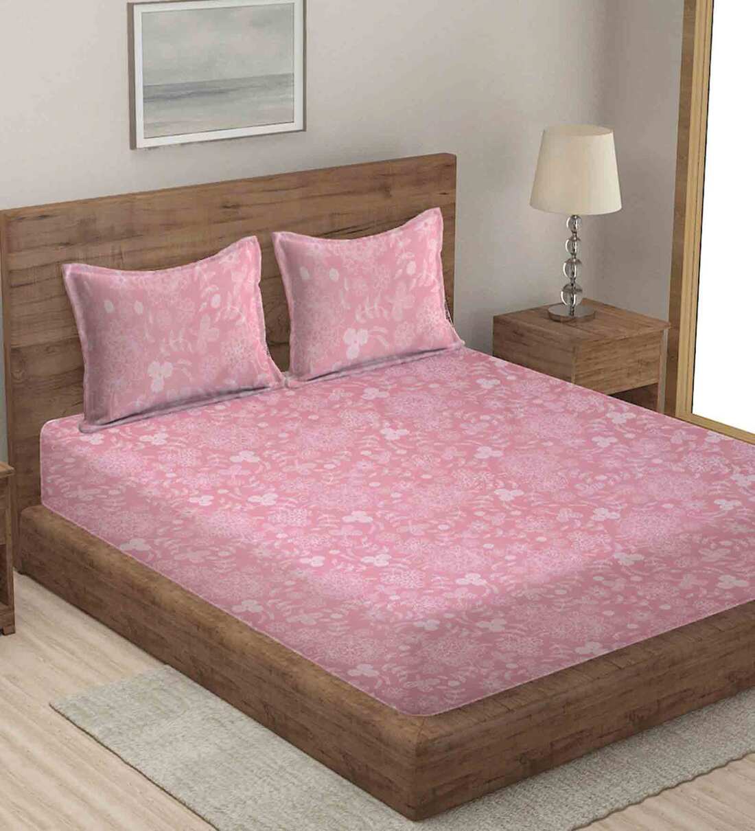 Buy Pink Floral TC 210 Polycotton King Sized Bedsheet With 2 Pillow