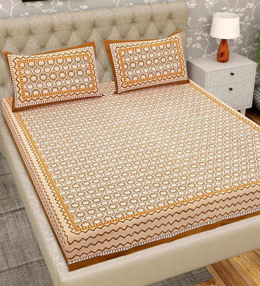 Buy Pink Geometric 300 TC Cotton King Size Bedsheet with 2 Pillow