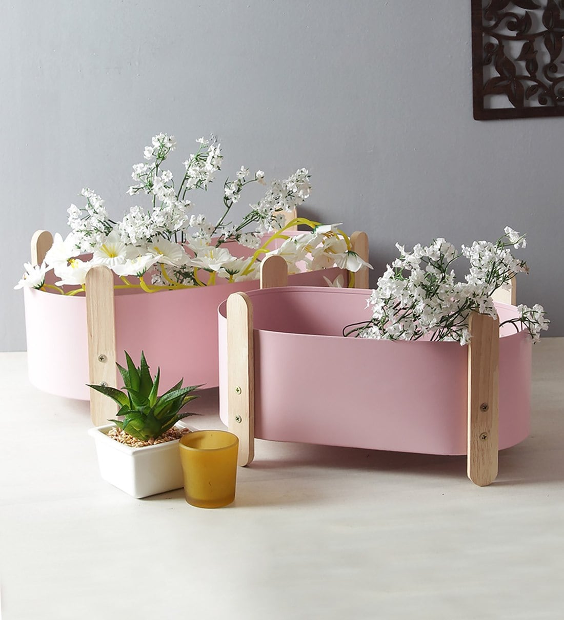 Buy Pink Metal Tin Flower Planter Pot With Wooden Stand Bucket Style Set Of 2 By Fourwalls Online Big Planters Pots Planters Home Decor Pepperfry Product