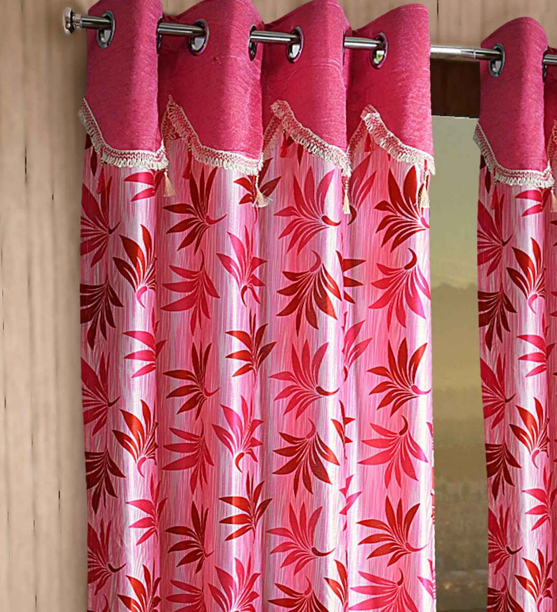 Buy Pink Floral Polyester 5 Ft Semisheer Eyelet Window Curtains (Set of