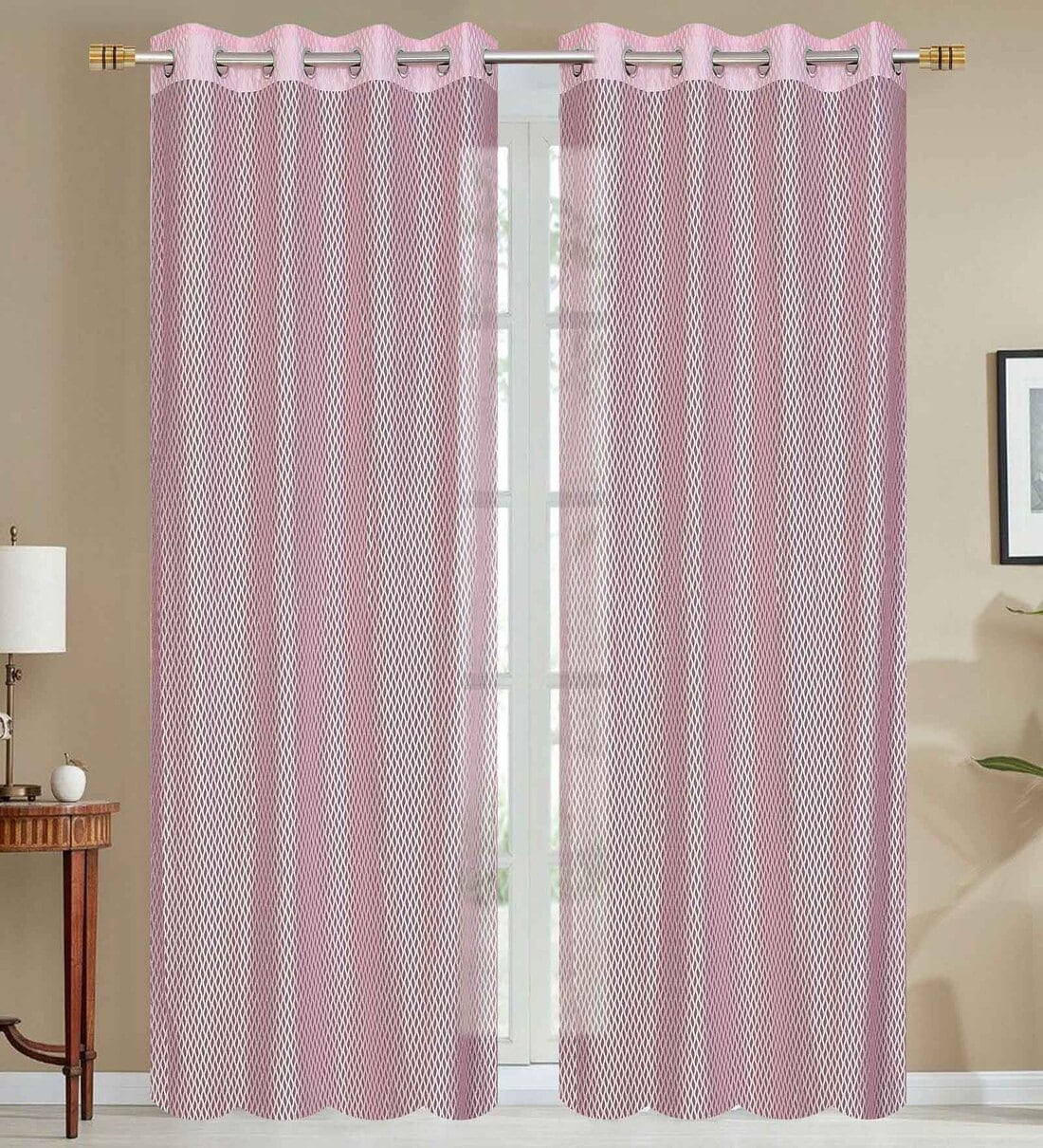 Buy Pink Polyester Geometric 5ft Sheer Eyelet 2 Pc Window Net Curtains