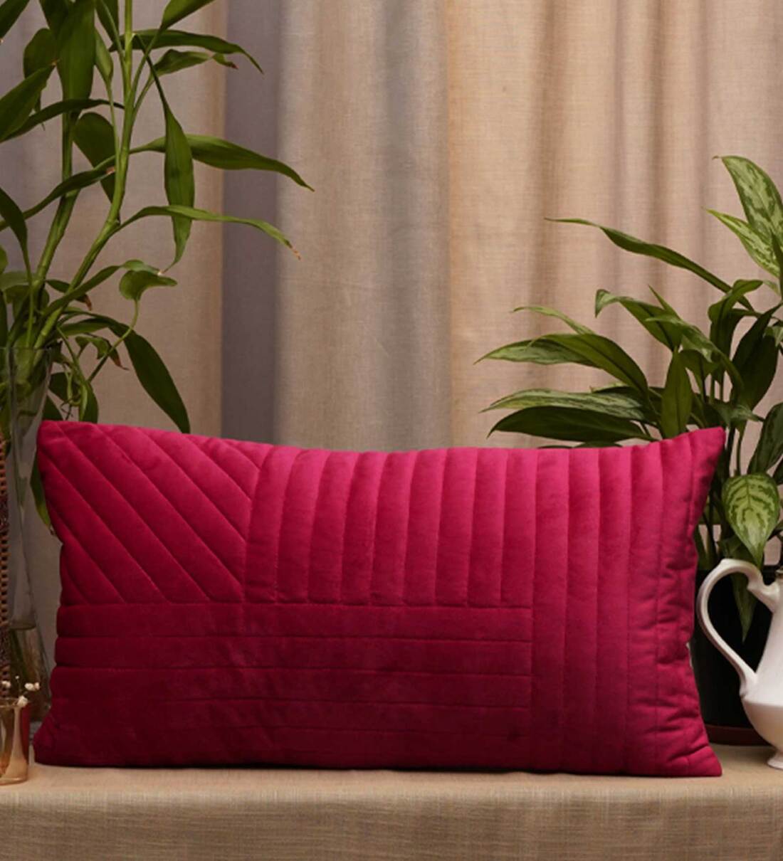 Buy Pink Textured Polyester 22 x 12 Inch Cushion Cover by Zeba at 10
