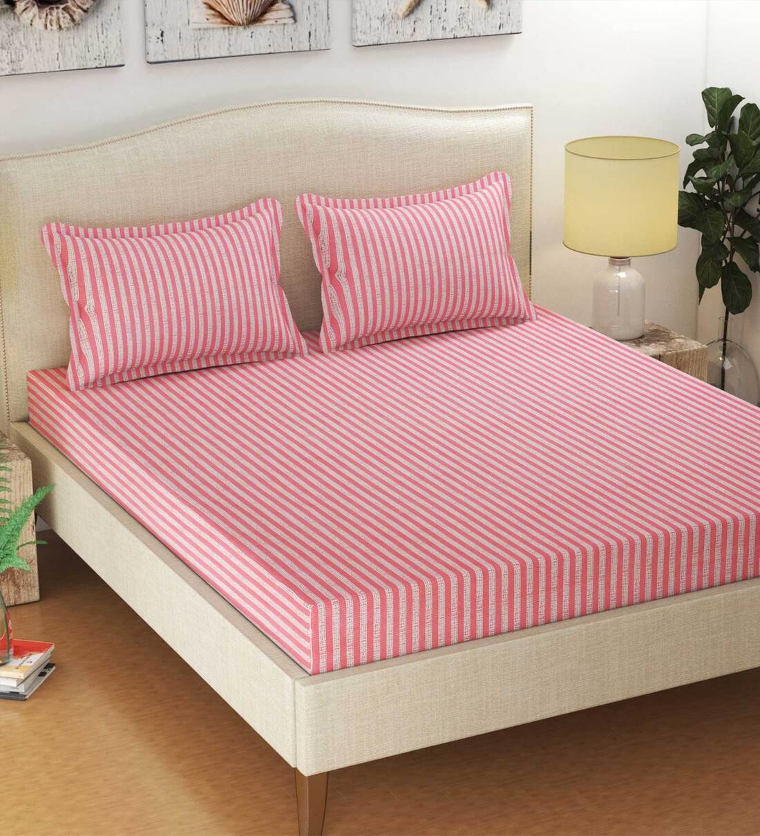 Buy Pink Striped 300 TC Cotton Queen Sized Bedsheet With 2 Pillow Covers Elegant Collection by