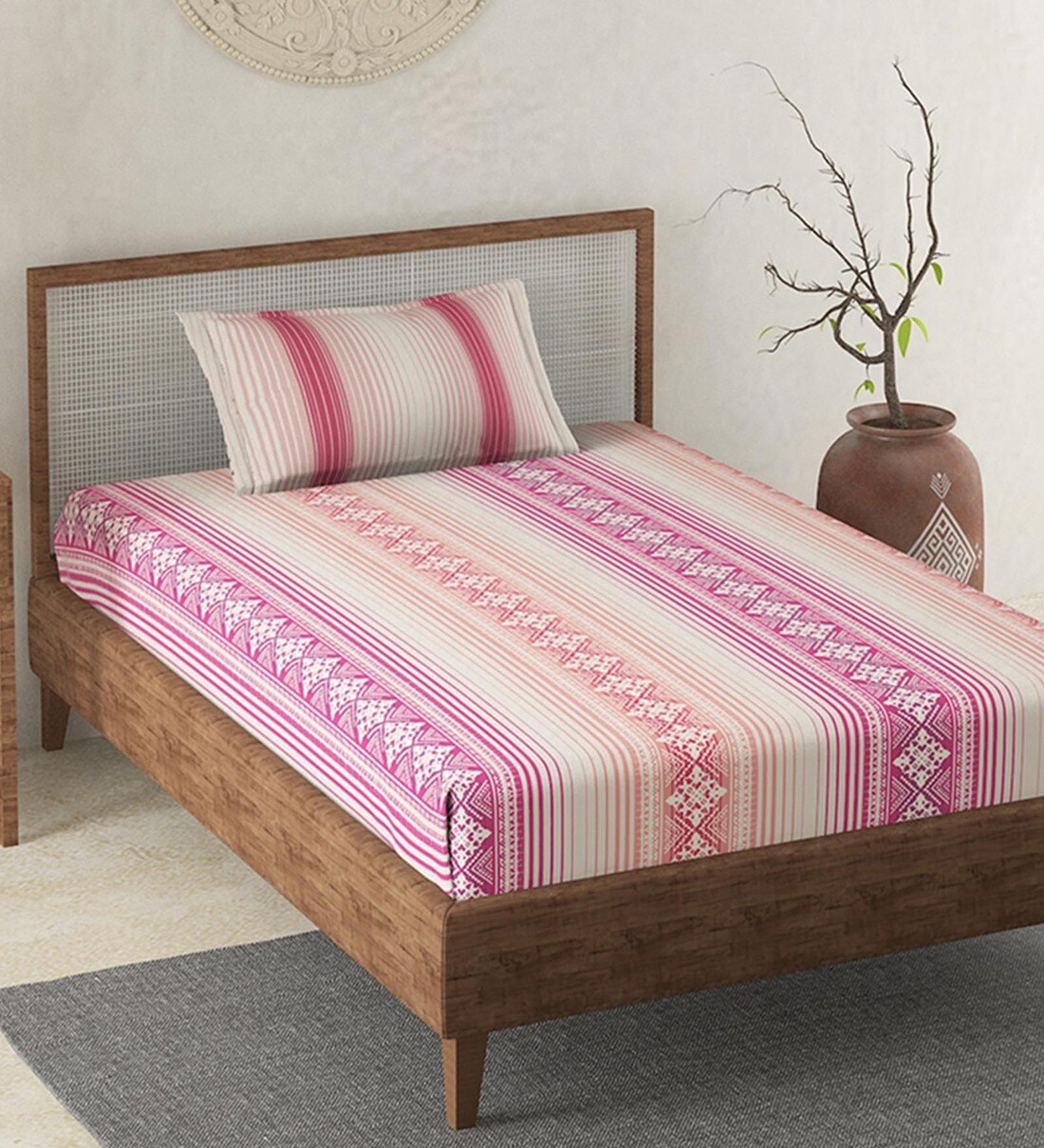 Buy Pink Stripes 110 TC 100 Cotton Single Size Bedsheet With 1 Pillow