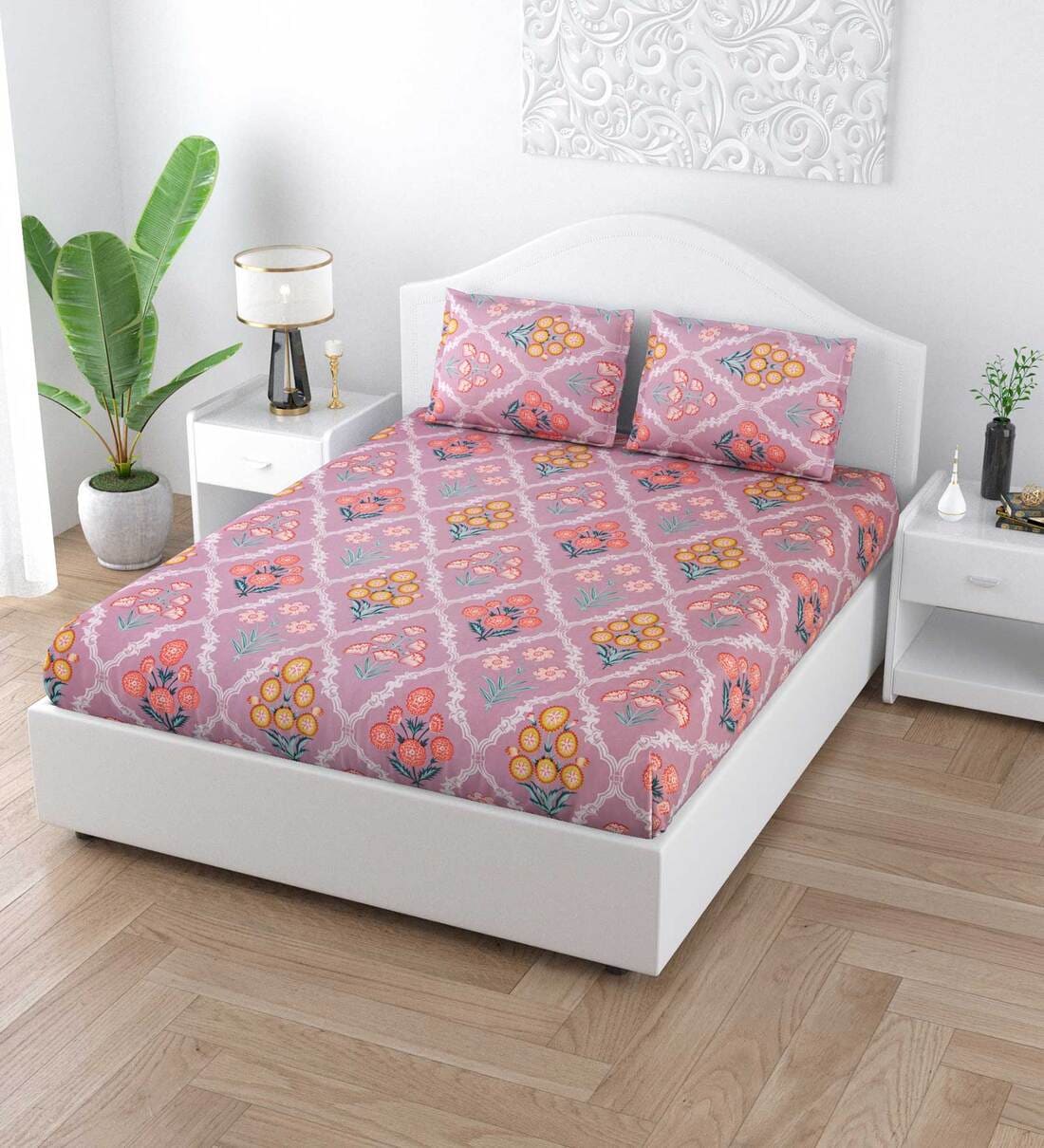 Buy Pink Floral 140 TC Cotton King Sized Bed Sheets with 2 Pillow