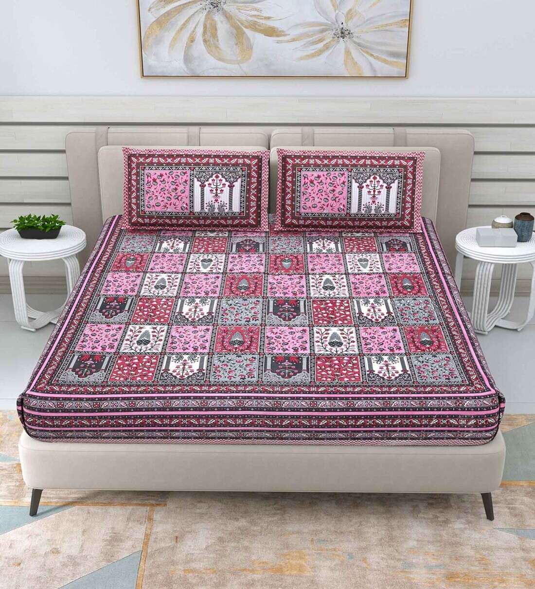 Buy Pink Traditional 144 Tc Cotton Double Queen Bedsheet With 2 Pillow