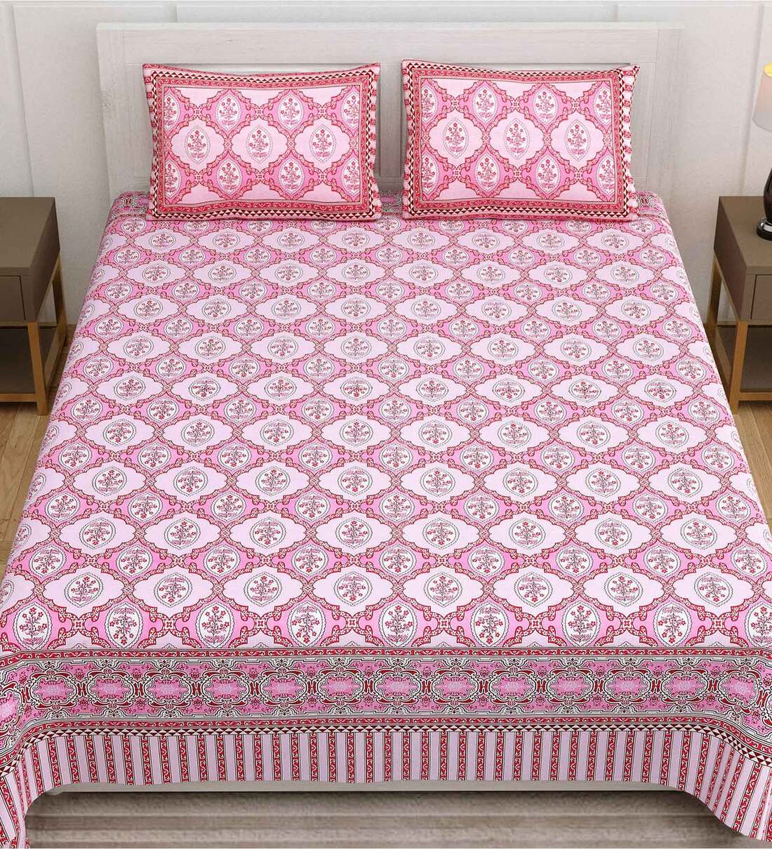 Buy Pink Traditional 144 TC Cotton King Sized Bed Sheets with 2 Pillow