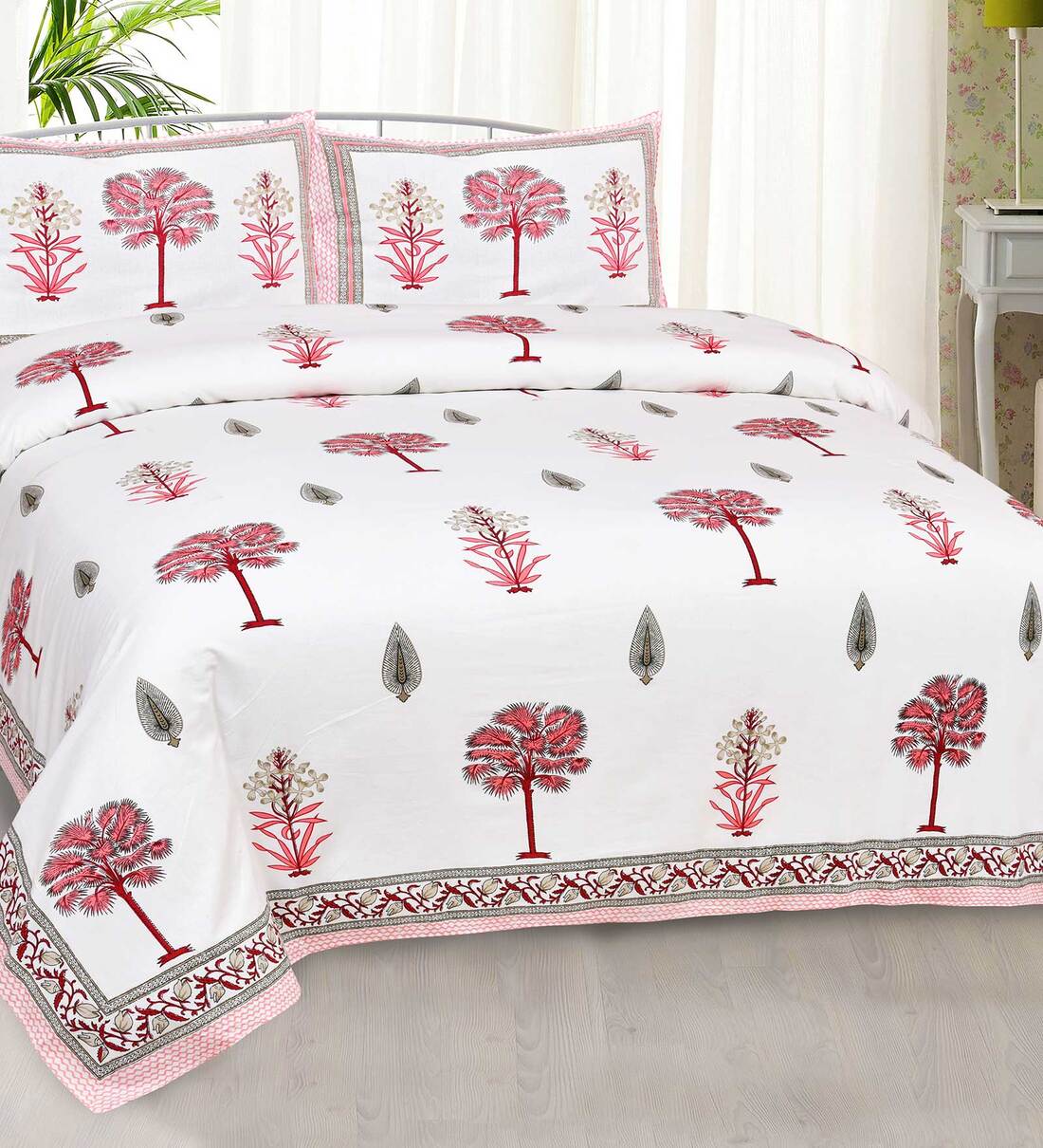 Buy Pink Floral 300 TC Cotton Queen Sized Bed Sheets with 2 Pillow