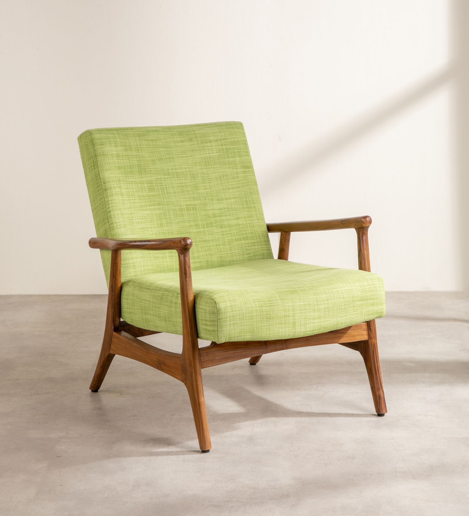 Pi Teak Wood Arm Chair in Green Fabric