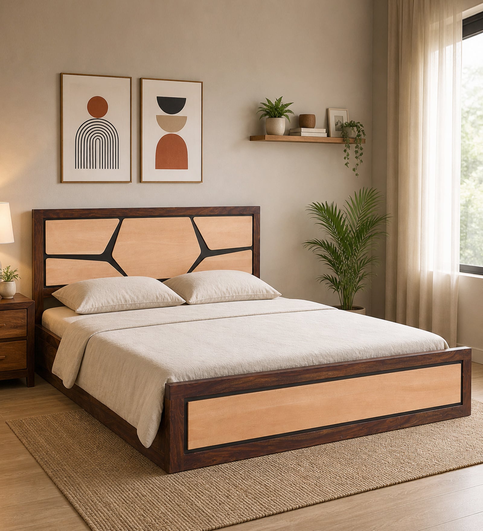 Piccadilly Sheesham Wood Queen Size Bed In Dual Tone Finish With Box Storage