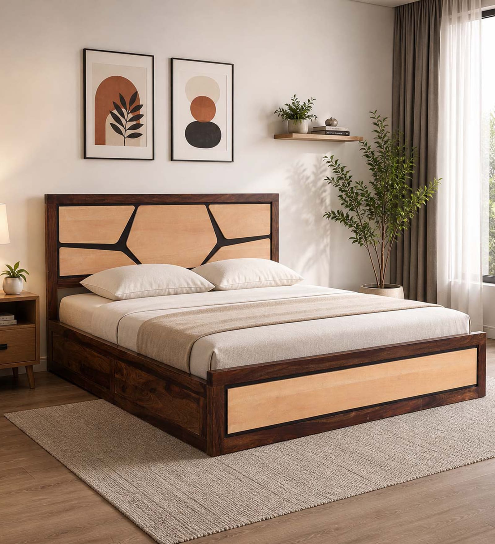 Piccadilly Sheesham Wood Queen Size Bed In Dual Tone Finish With Hydraulic Storage