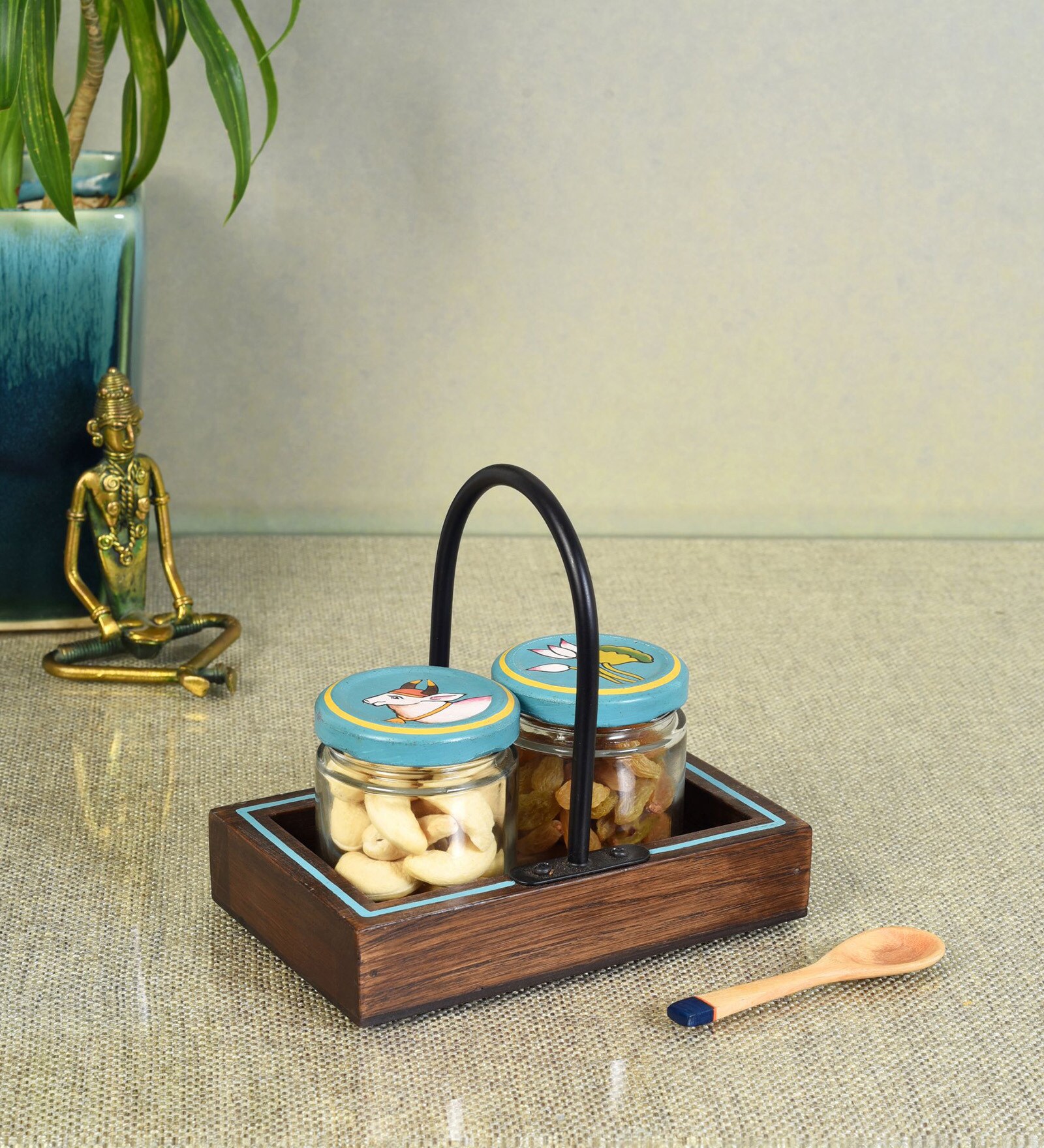 Pichhwai Art Mukhwas Multicolor Glass and Wood 2Pcs Storage Jar with Spoon & Tray