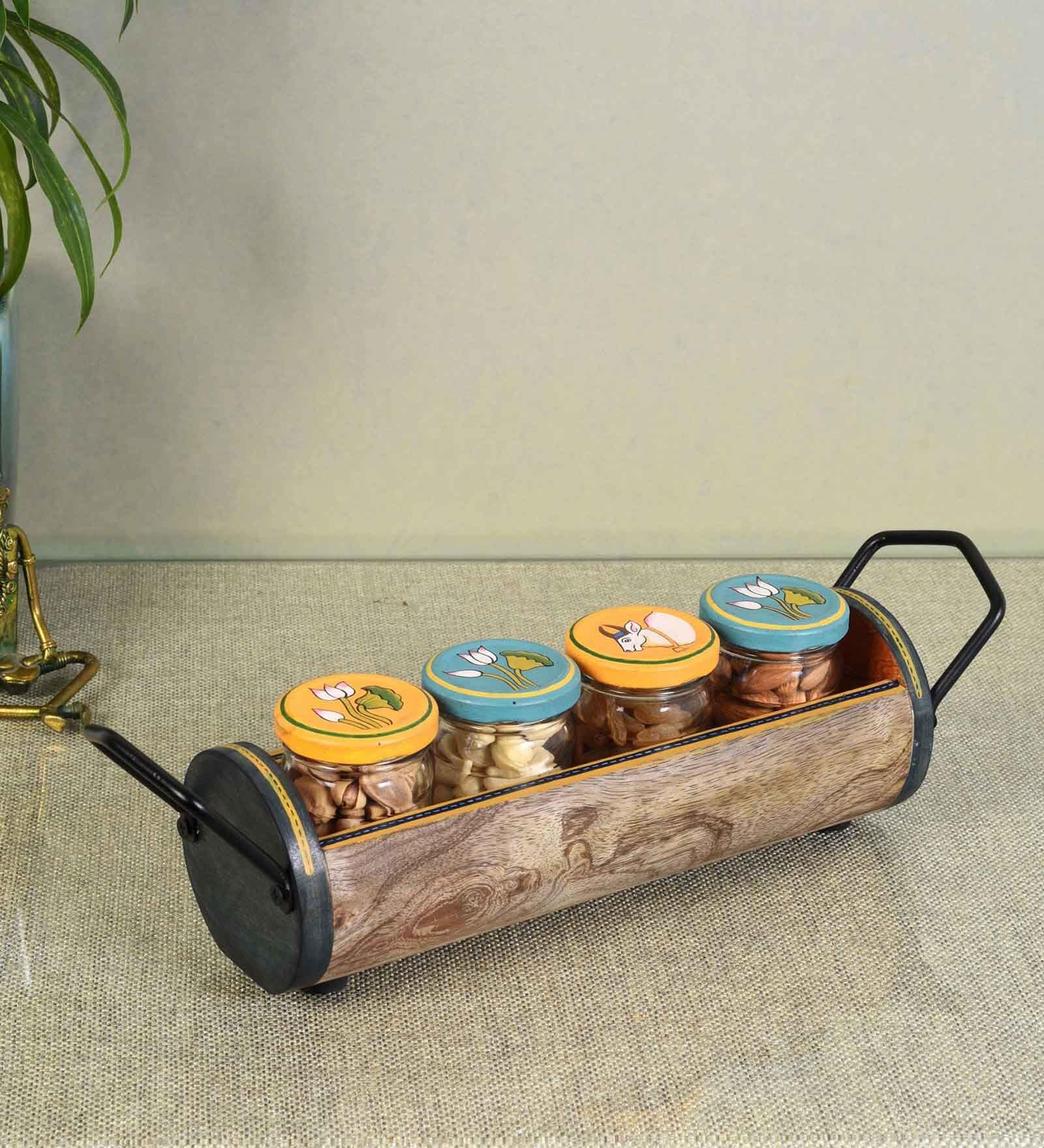 Pichhwai Art Multicolor Glass and Wood 4 Pcs Condiment Jars with Stand