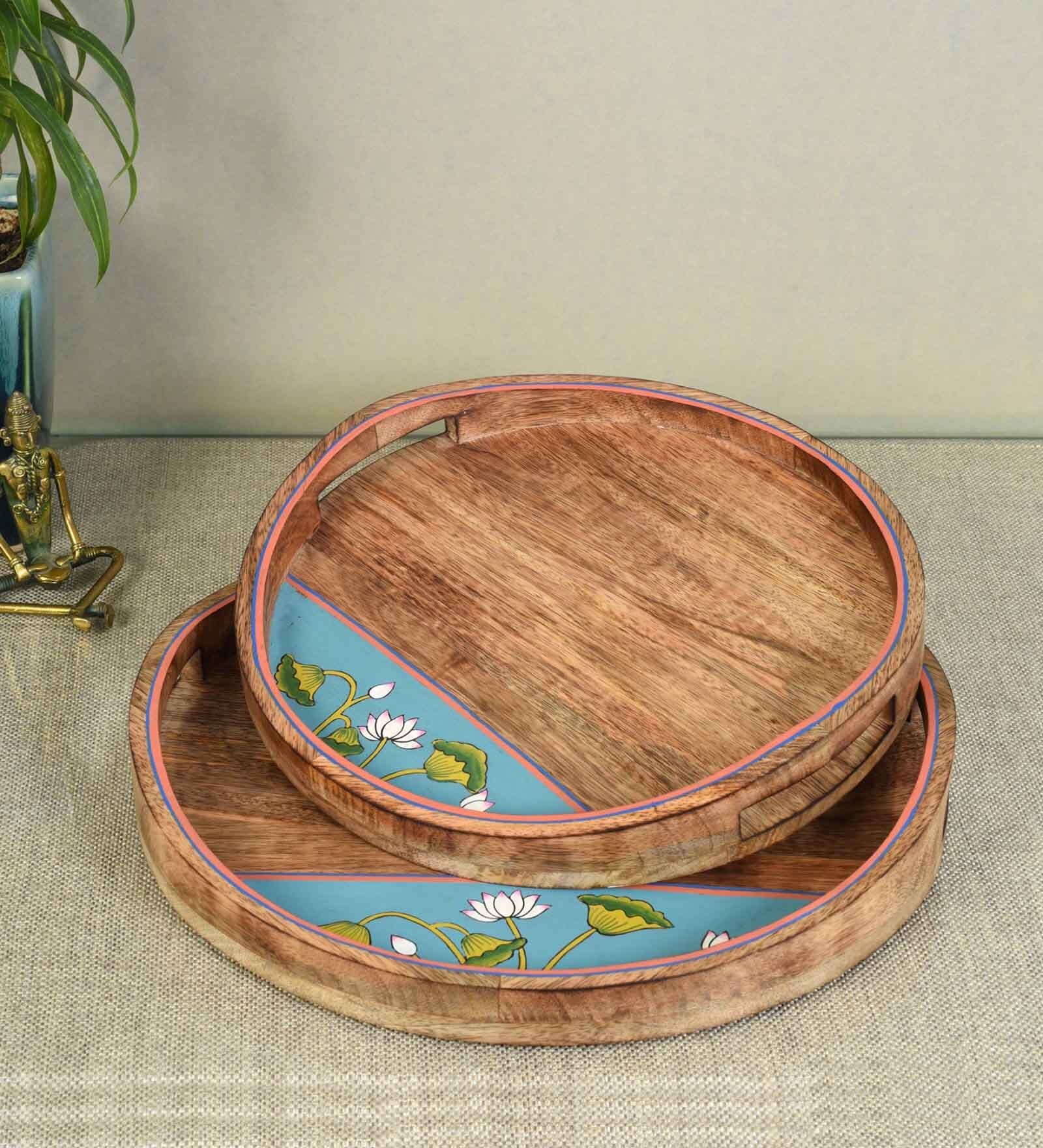 Pichhwai Leela Brown and Beige  Wood & Ceramic Tile  (Set of 2) Serving Tray Sets