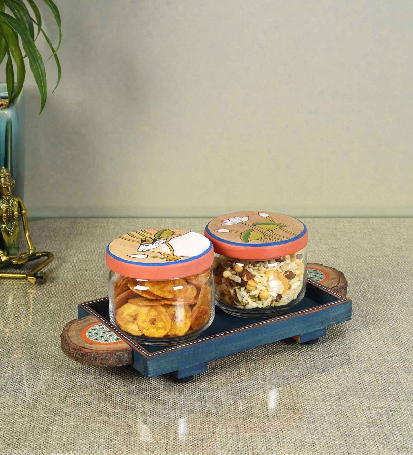 Pichhwai Leela Multicolor Glass and Wood 2 pcs Condiment Jars With Stand