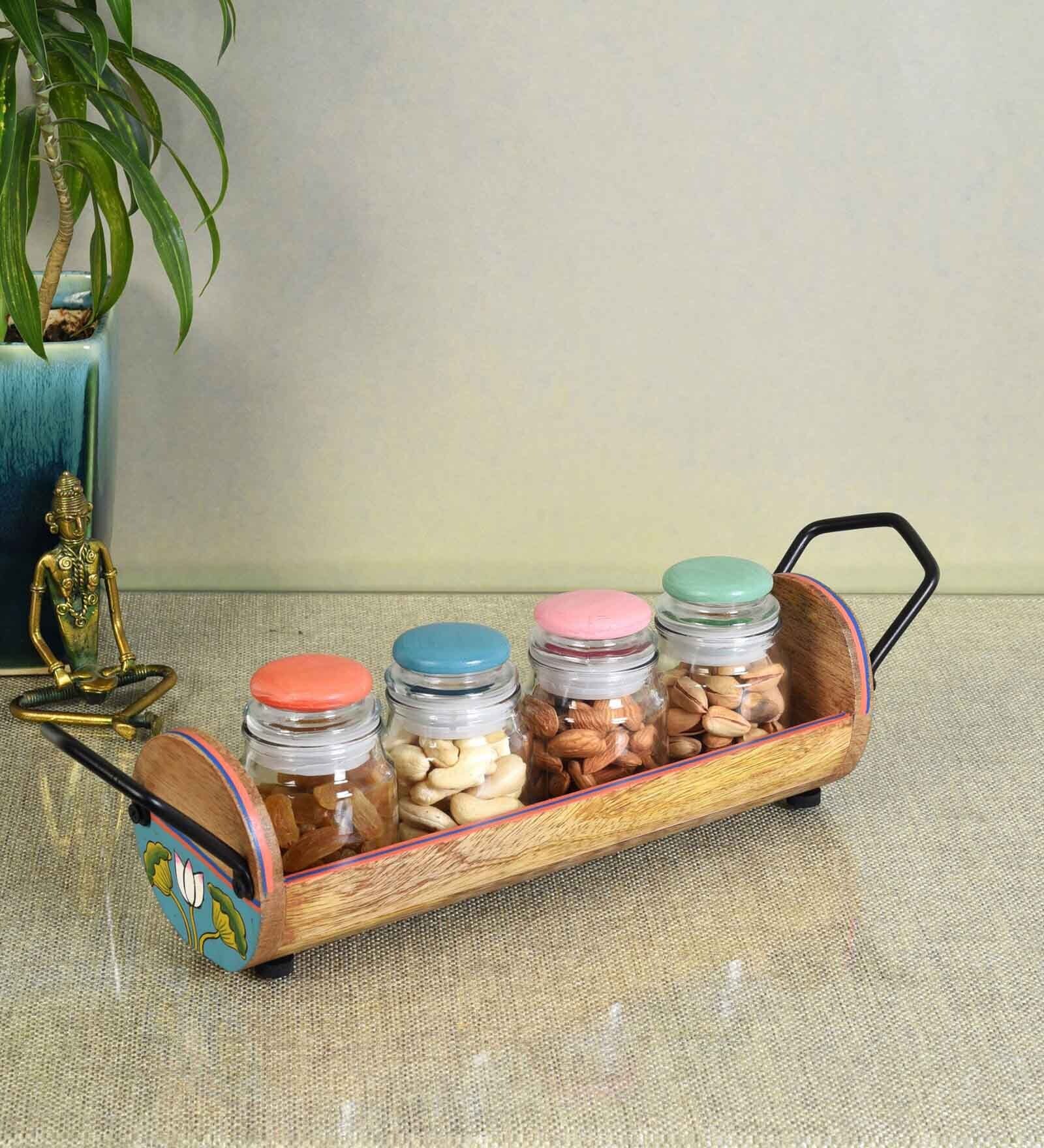 Pichhwai Leela Yankee Multicolor Glass and Wood 4 Pcs Condiment Jars With Stand