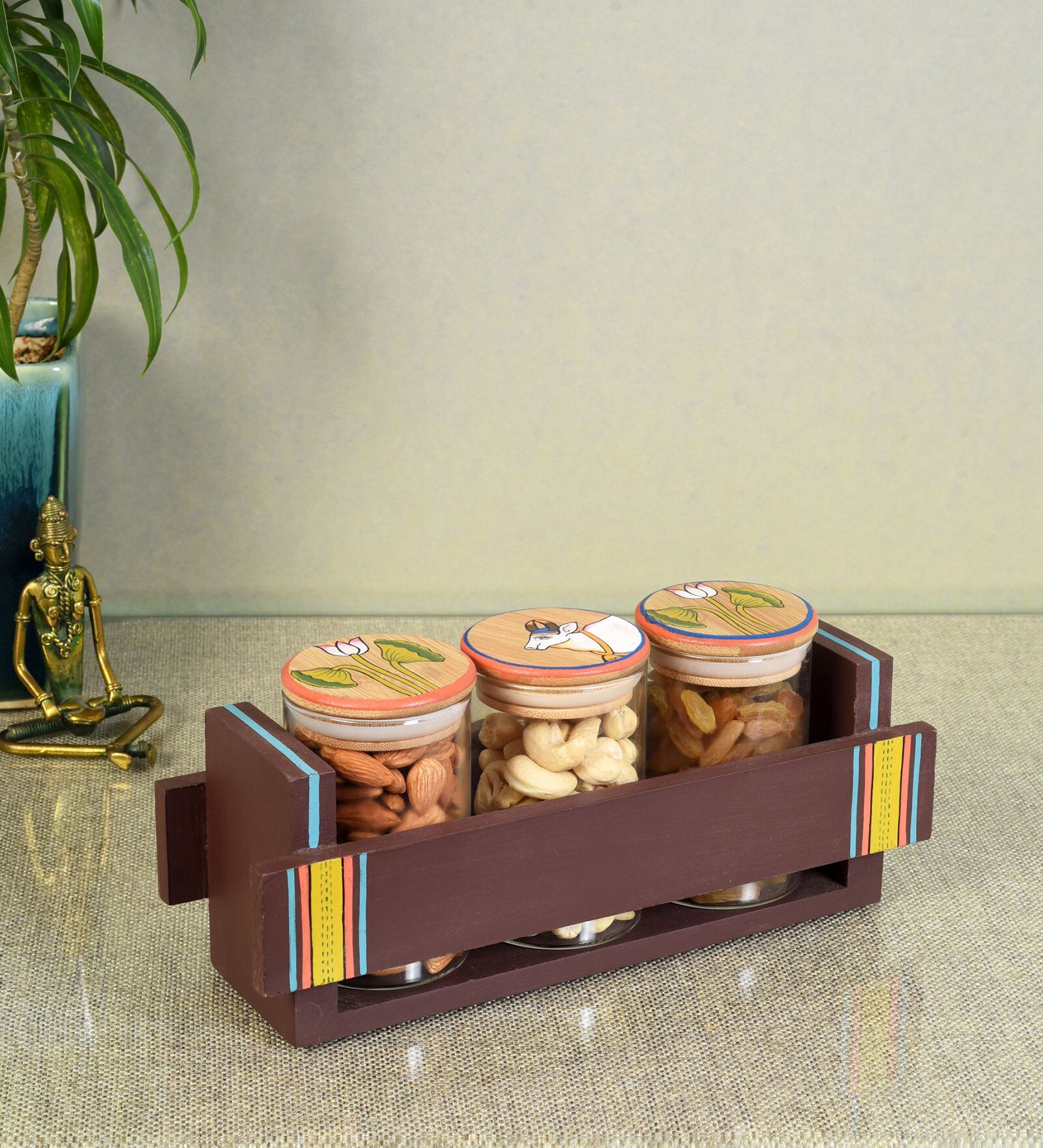 Pichhwai Multicolor Glass and Wood 3 Pcs Condiment Jars with Stand