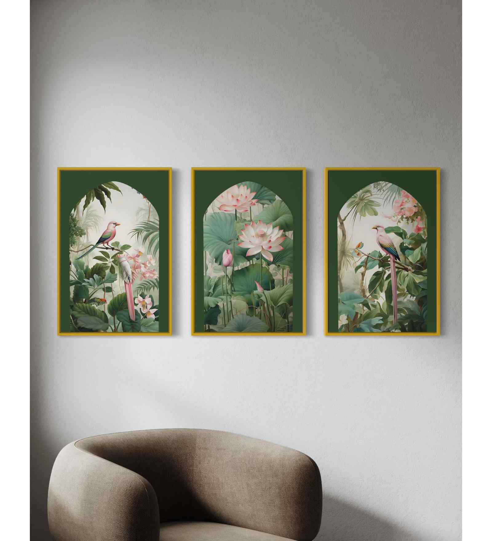 Pichwai Jungle Trio Floral Canvas Set of 3 Art Panels