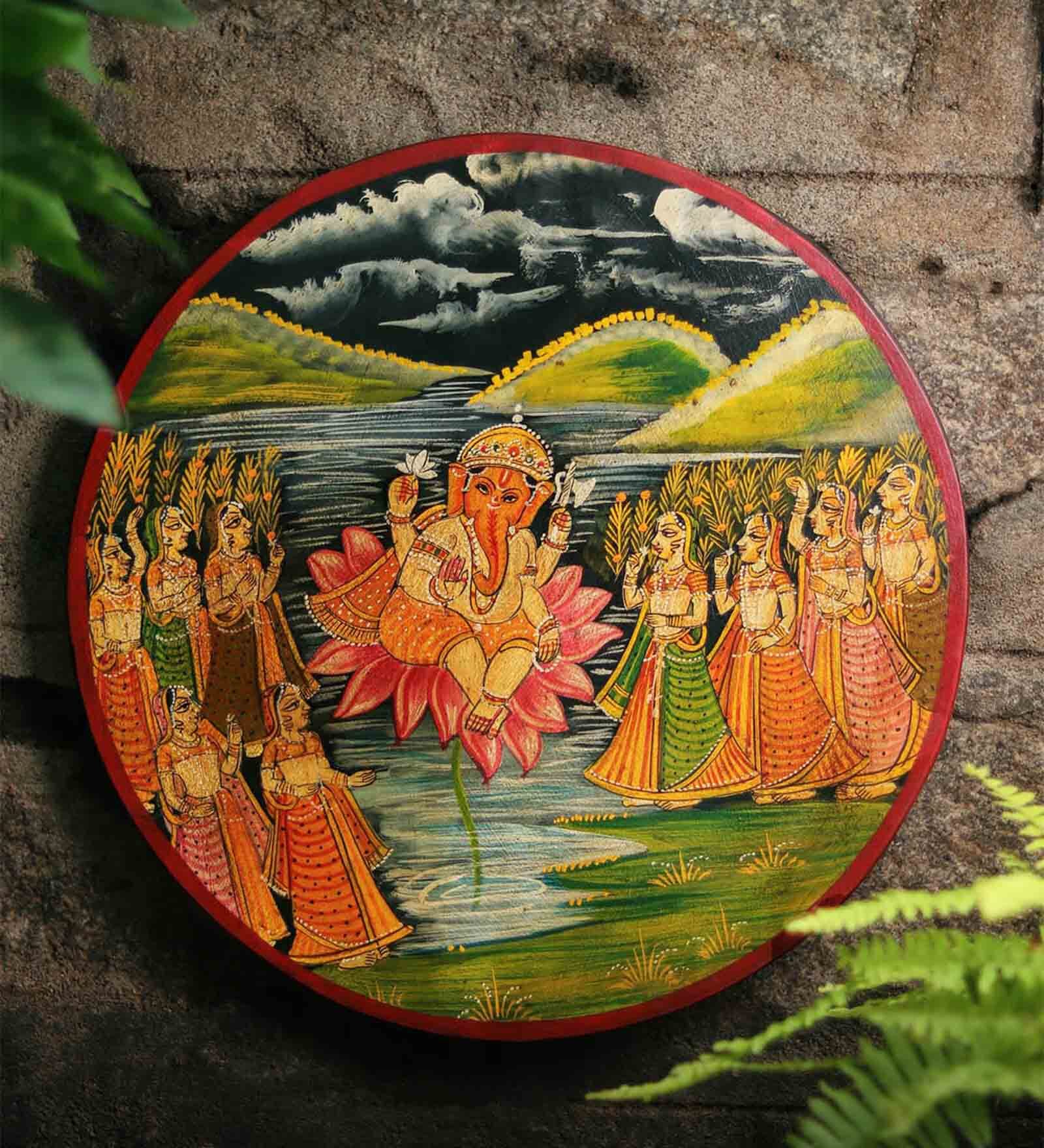 Pichwai Multicolour Sheesham Wood Wall Plate