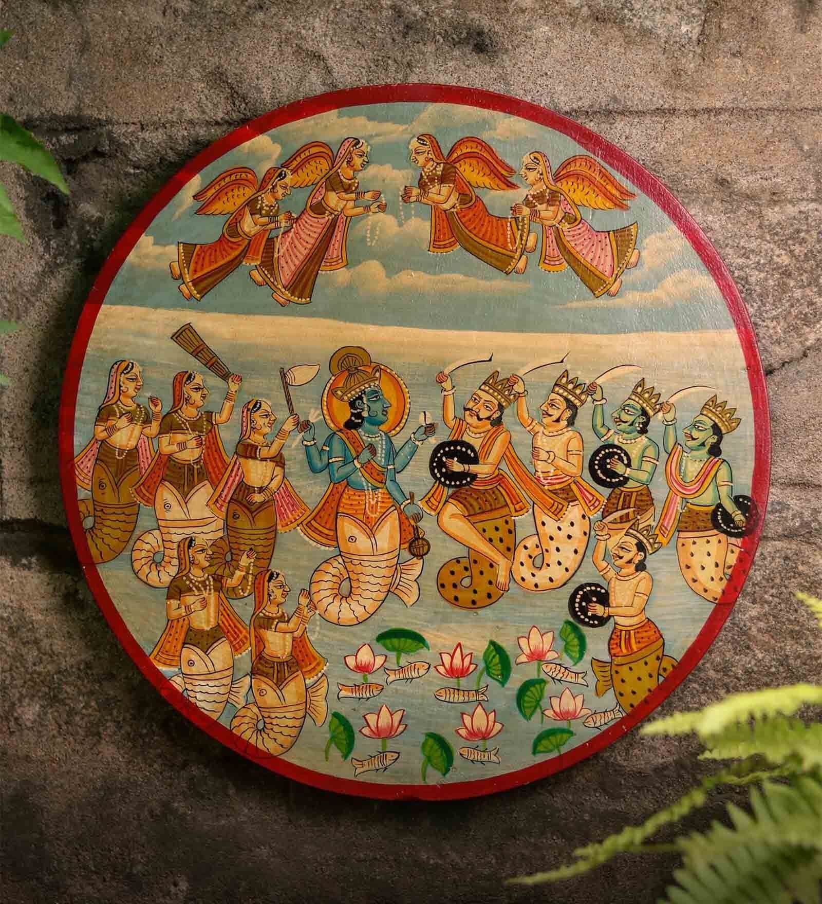 Pichwai Multicolour Sheesham Wood Wall Plate