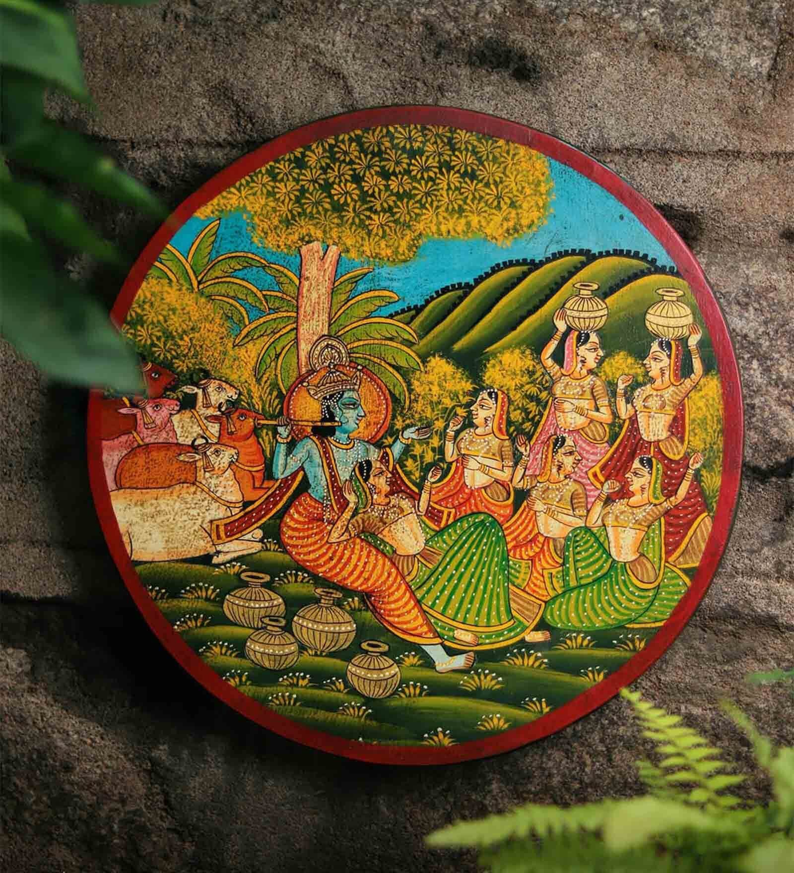 Pichwai Multicolour Sheesham Wood Wall Plate