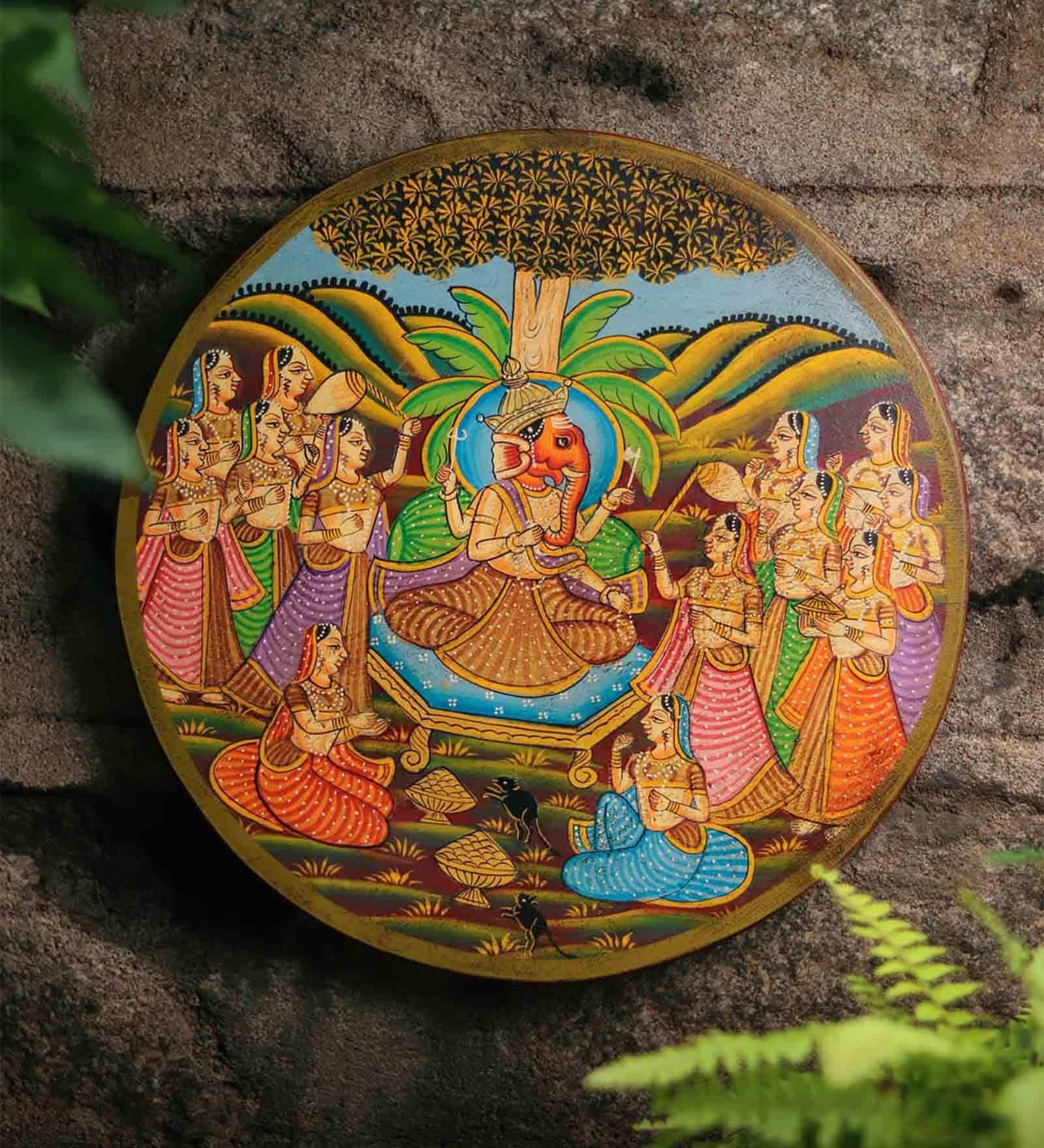 Pichwai Multicolour Sheesham Wood Wall Plate