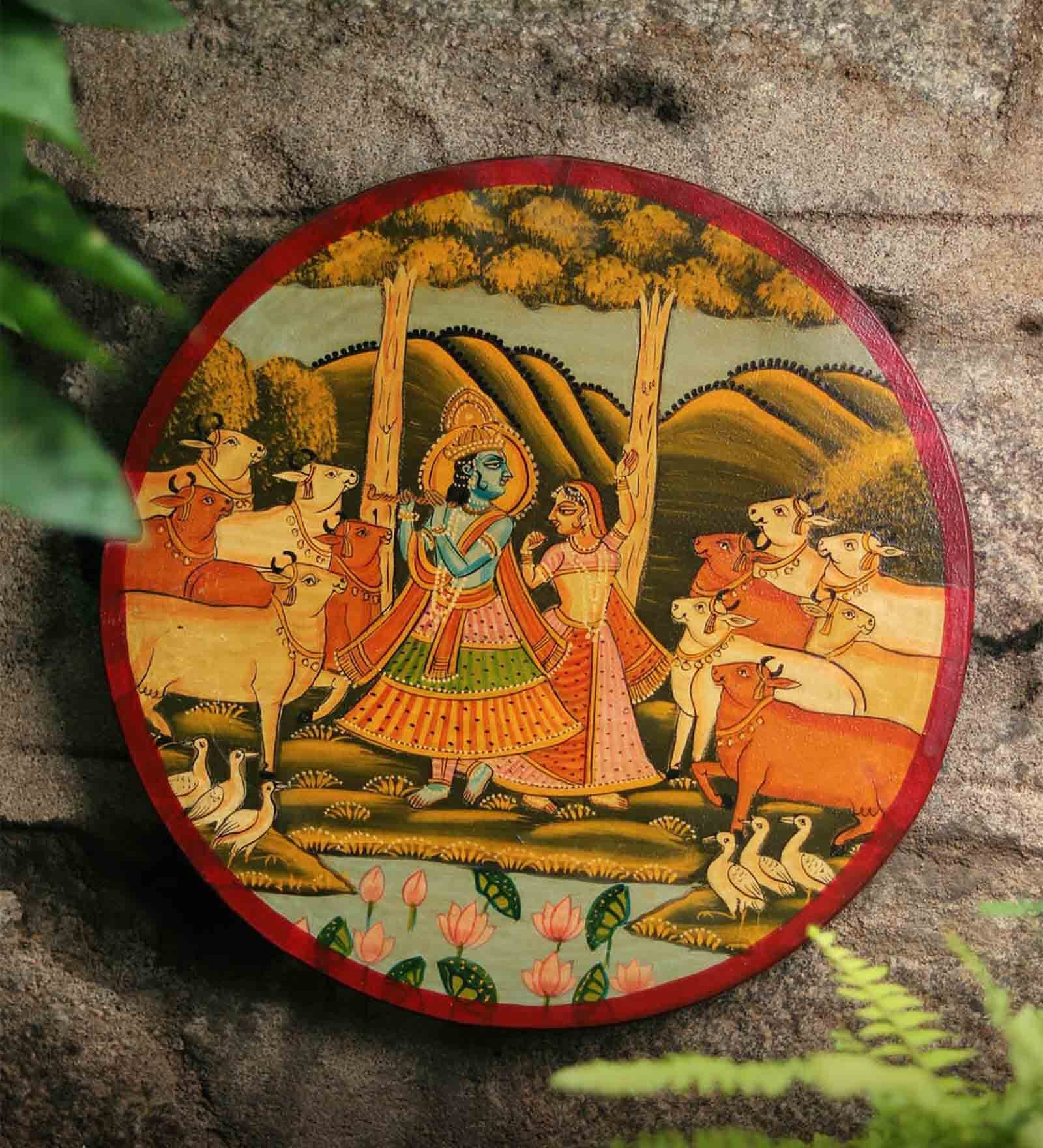 Pichwai Multicolour Sheesham Wood Wall Plate