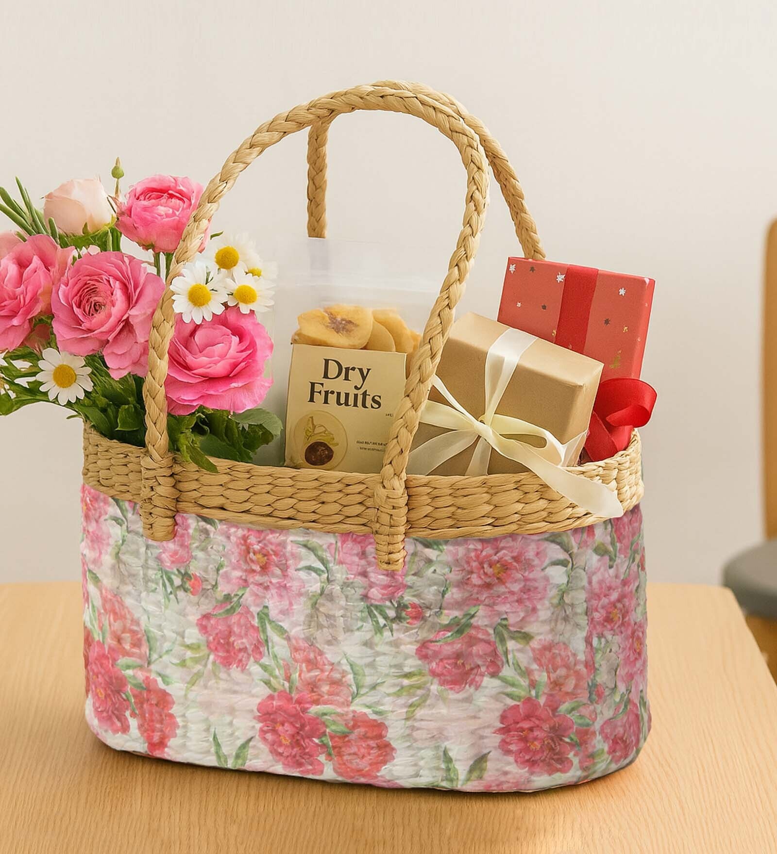 Picnic Baskets,Lunch Bag,Jute/Cane Basket For Gifting (Design 07-L26 X W20 X H18 Cm)