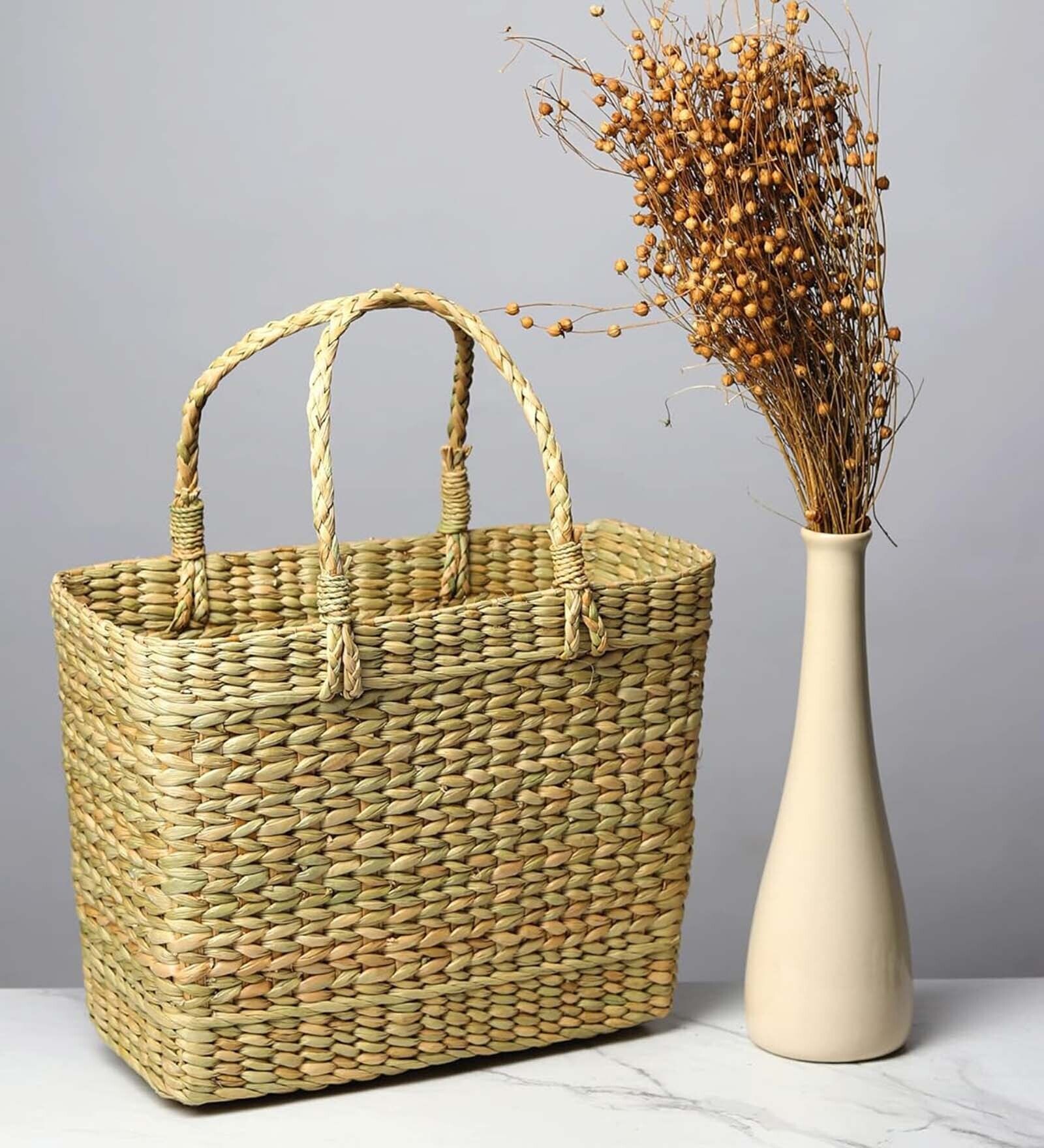 Picnic Rectangular Baskets|Lunch Basket|Cane Or Jute Basket|Cane Basket For Gifting|Wicker Baskets (Plain Beige)