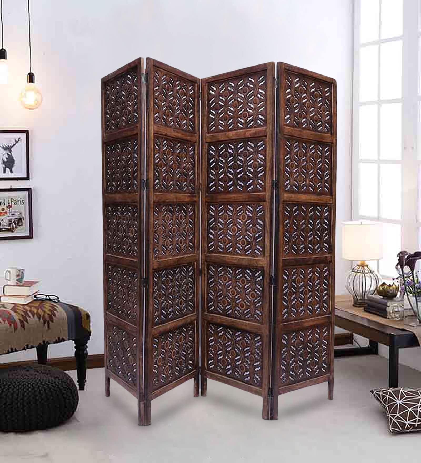 Solid Wood Gary Room Divider In Brown Colour