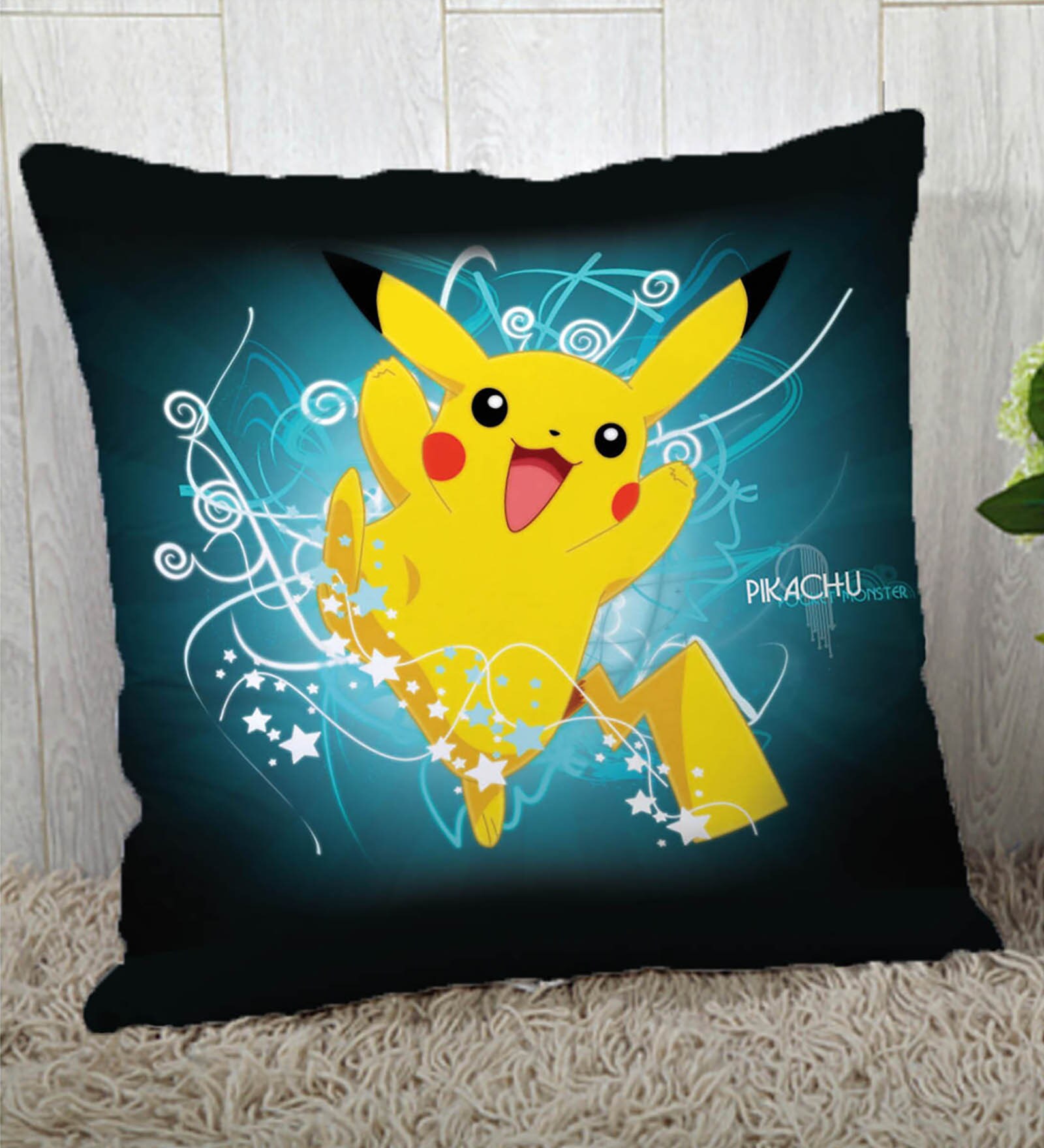 Pikachu Pokmon Black & Blue Silk Cushion Cover