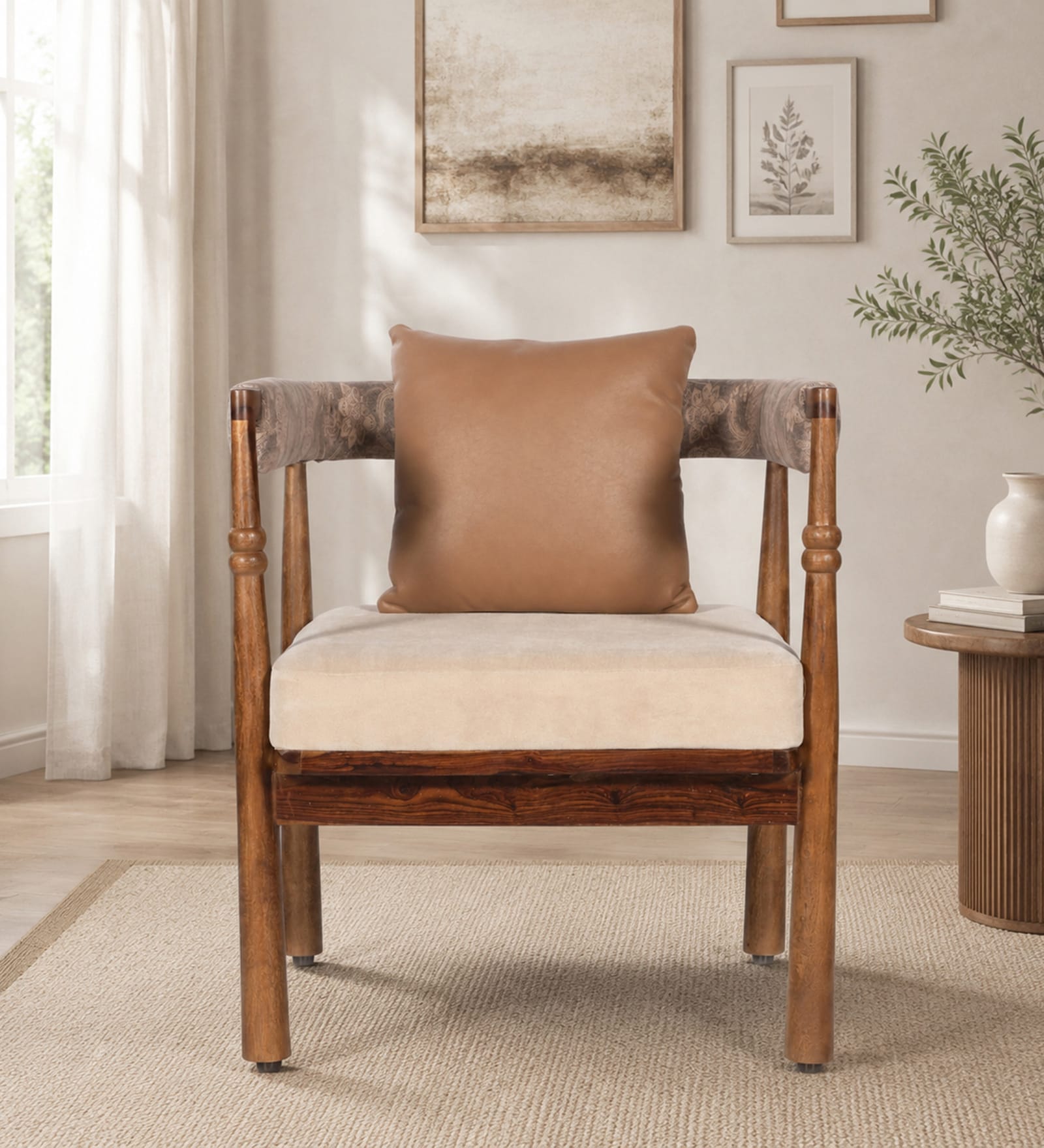 Pilaster Sheesham Wood 1 Seater Sofa in Natural Finish Pilaster Sheesham Wood 1 Seater Sofa in Natural Finish