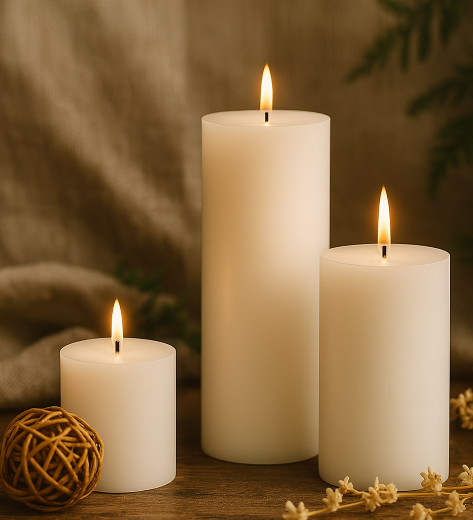 Set Of 3 White Wax Pillar Candles