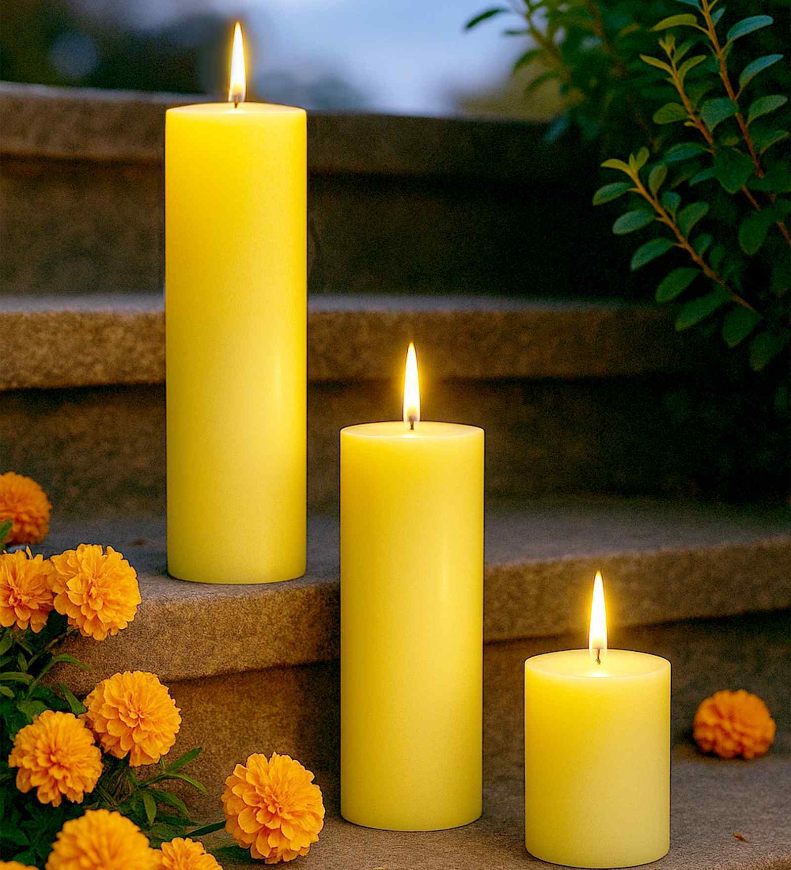 Set Of 3 Yellow Wax Pillar Candles