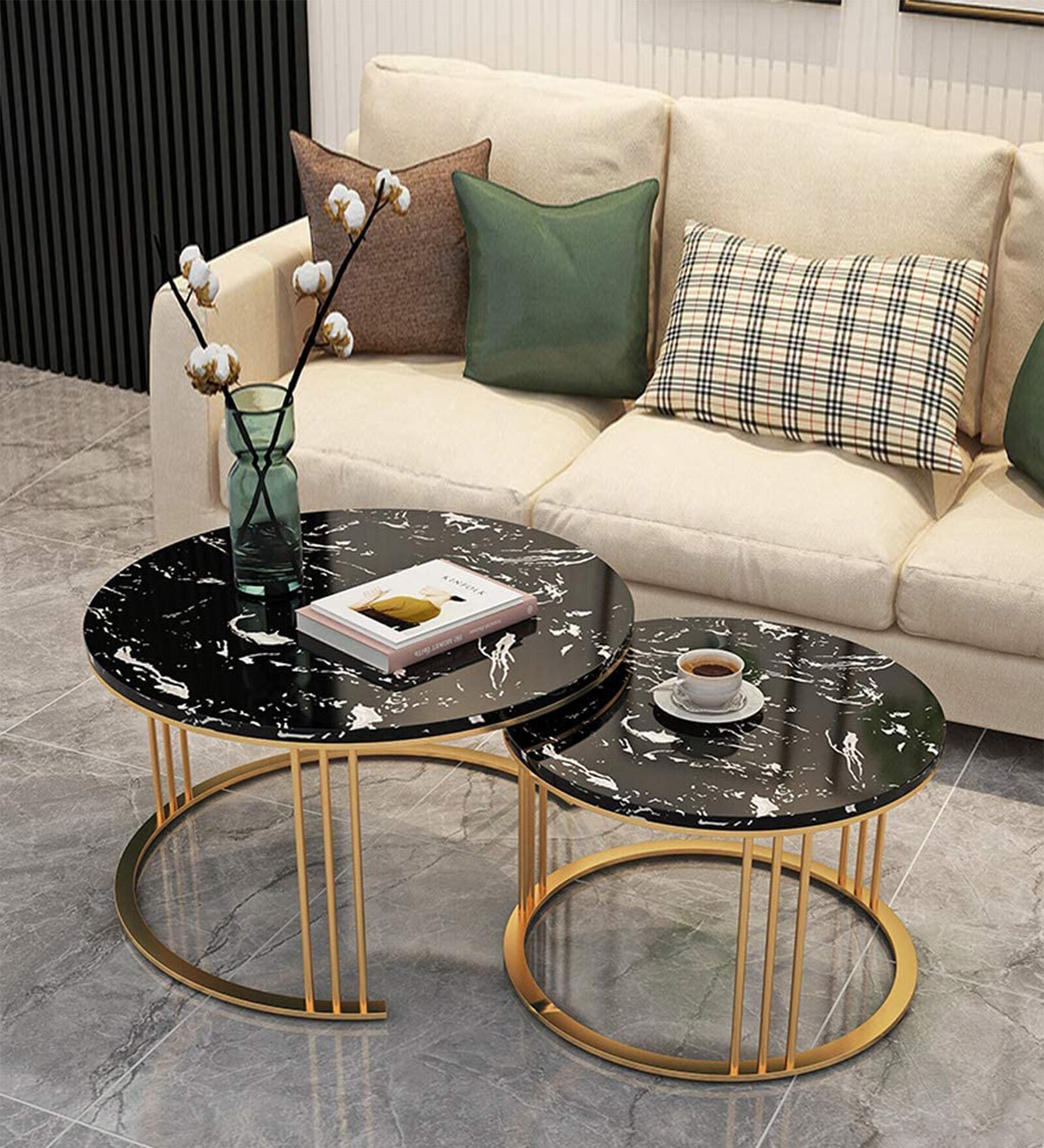 Buy Pillar Marble Top Nesting Table (Set of 2) in Gold Colour By Shivio