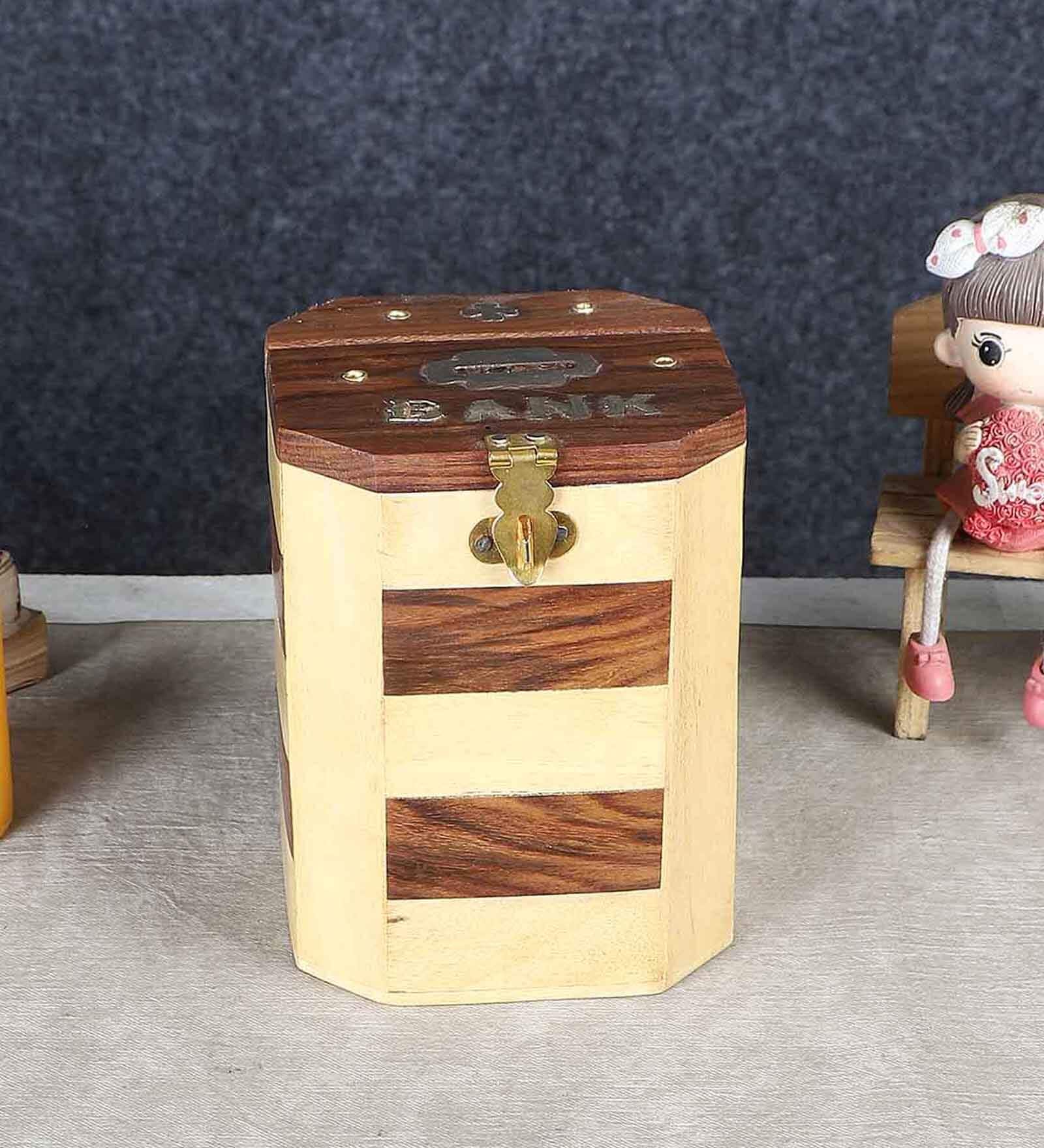 Pine And Sheesham Wood Handcrafted Octagon Piggy Bank