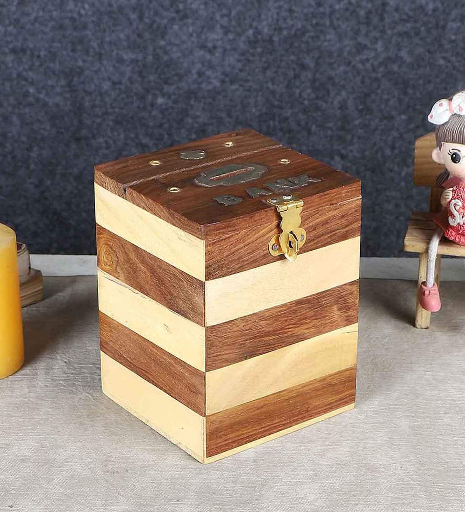 Pine And Sheesham Wood Handcrafted Square Piggy Bank