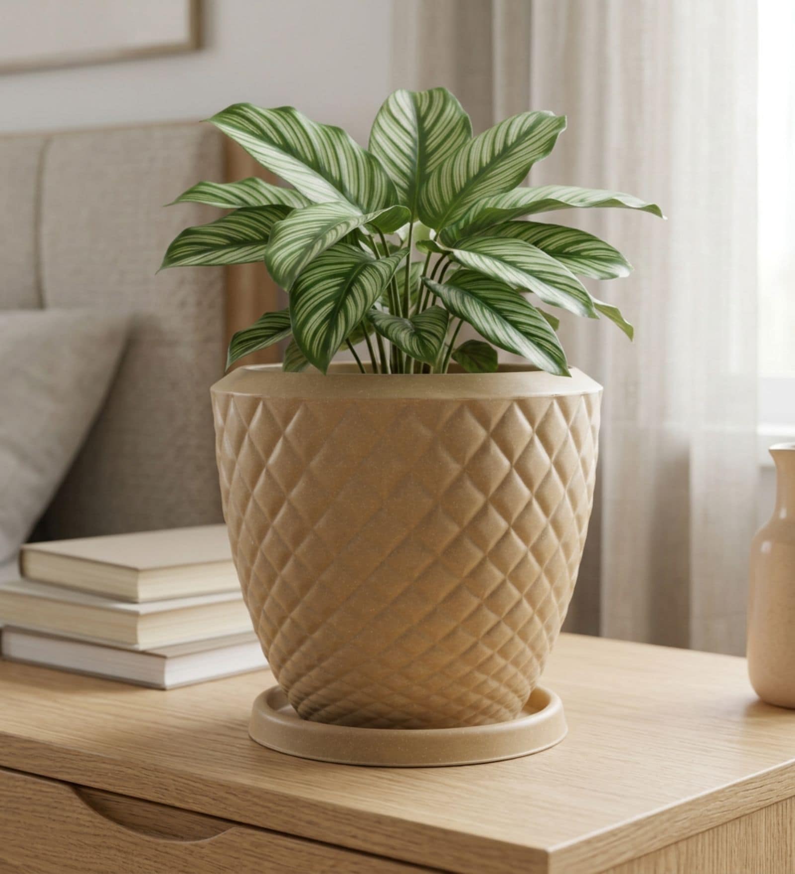 PINE Beige 12 Inch German Polymer Round Plant Container With Saucer