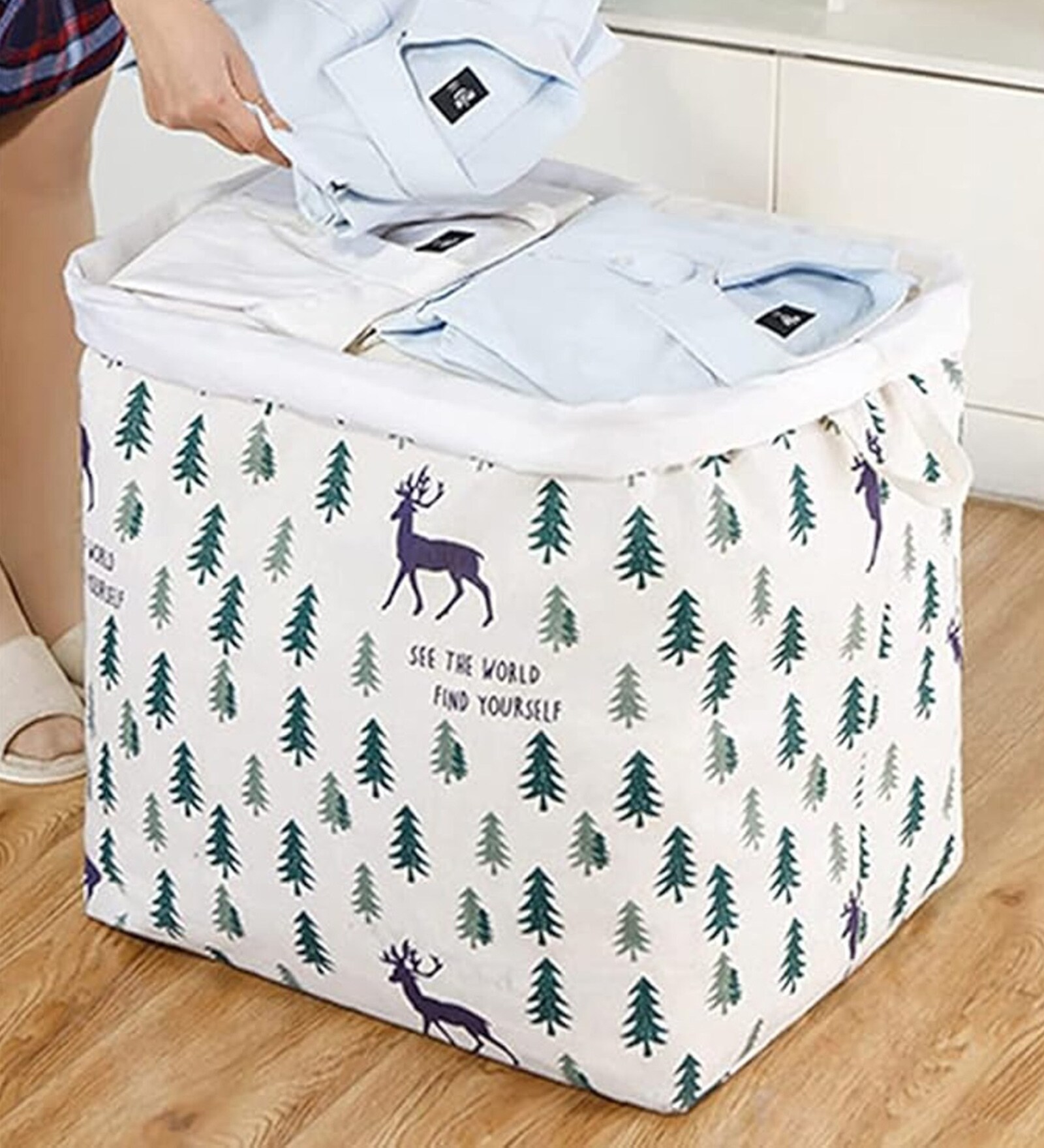 Pine Deer Cotton Linen 20 Ltrs Laundry Basket