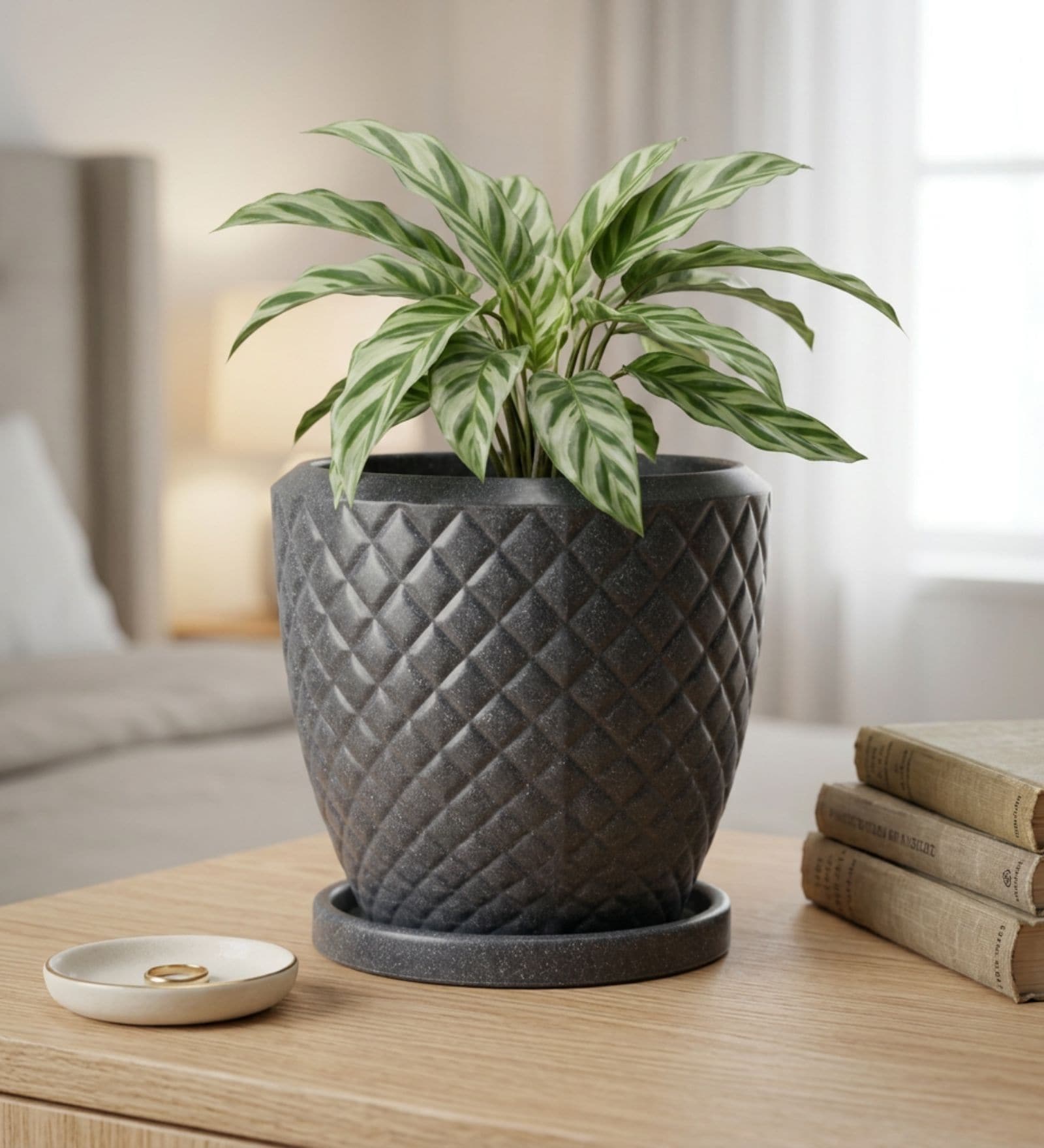 PINE Grey 12 Inch German Polymer Round Plant Container With Saucer