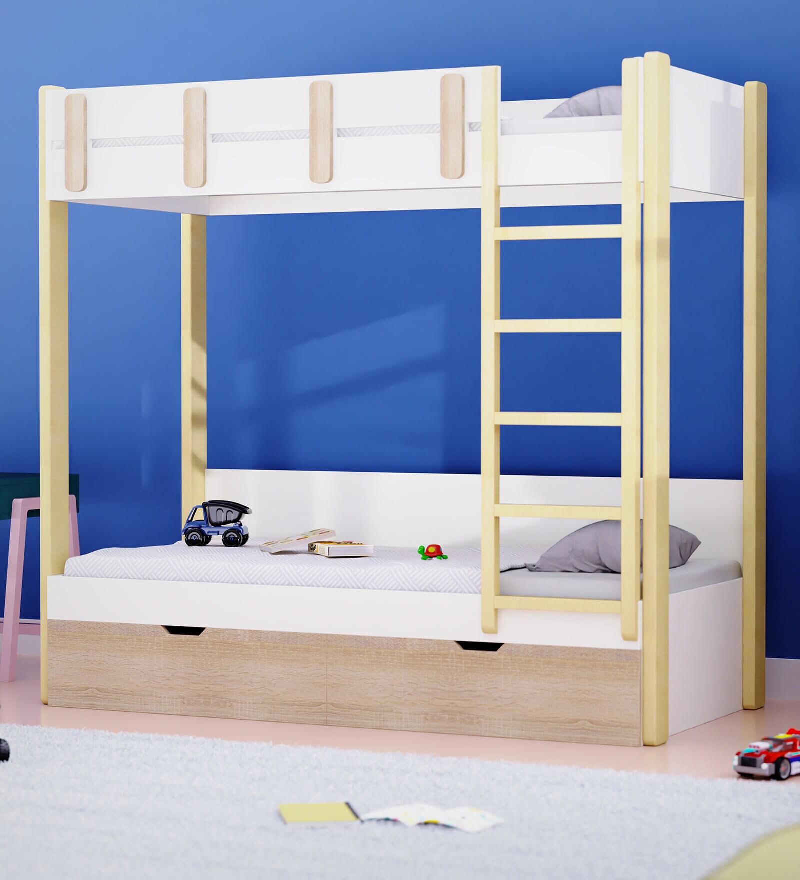 Pine Tree Bunk Bed in White Colour with Drawer Storage