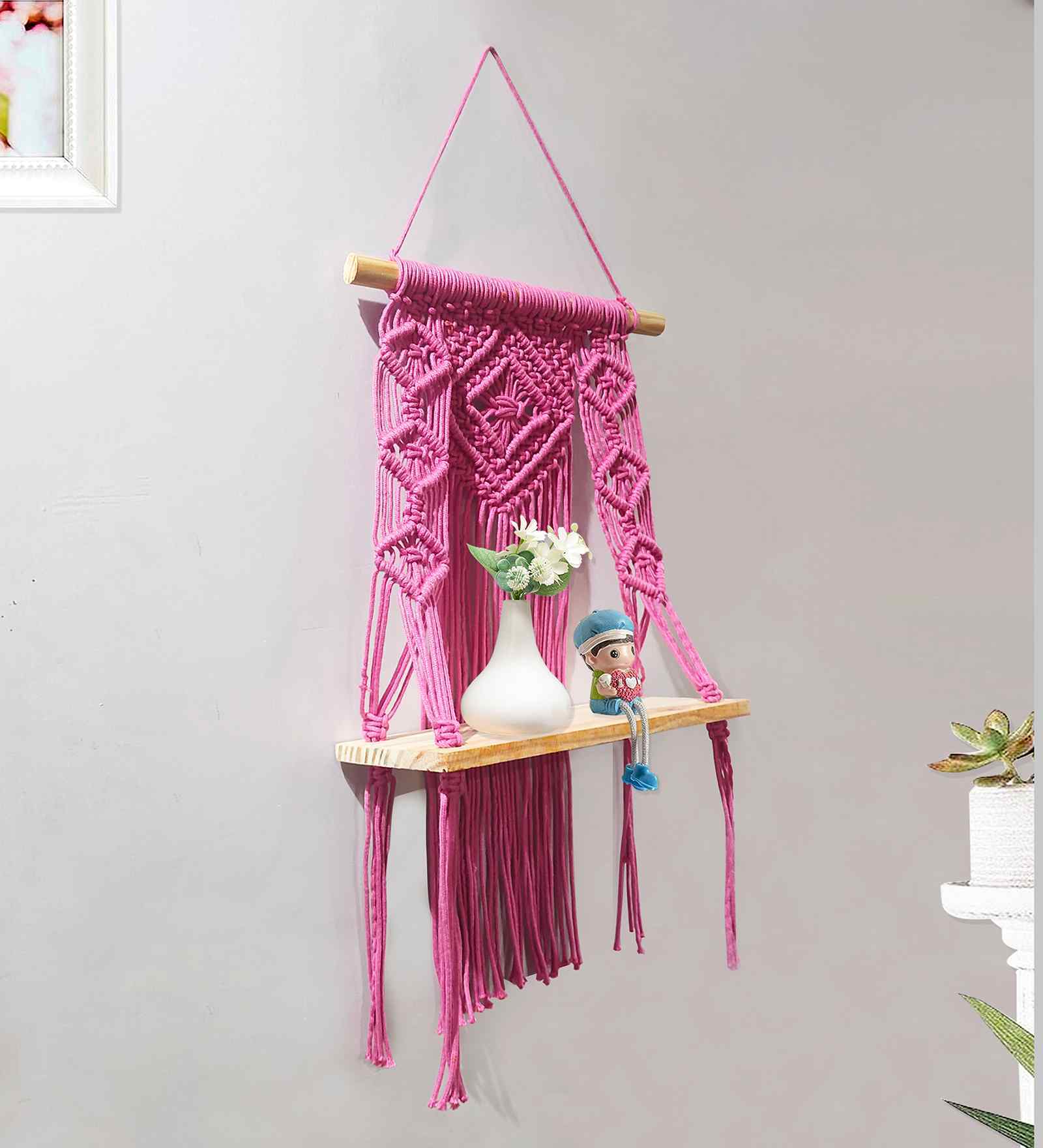 (1Pc) Pink Cotton Macrame Hanging Shelf